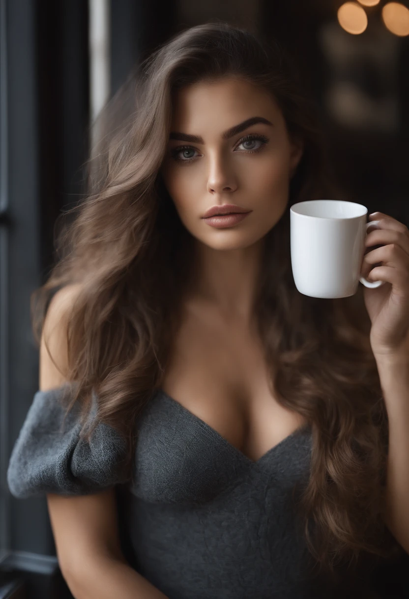 Arafed woman completely , fille sexy aux yeux bruns, ultra realist, Meticulously detailed, Portrait Sophie Mudd, cheveux bruns et grands yeux, selfie of a young woman, Yeux de chambre, Violet Myers, sans maquillage, maquillage naturel, Looking directly at the camera while drinking coffee, Visage avec Artgram, Maquillage subtil, Stunning photo of the whole body standing up drinking coffee leaning on the bar, Buste de grande taille