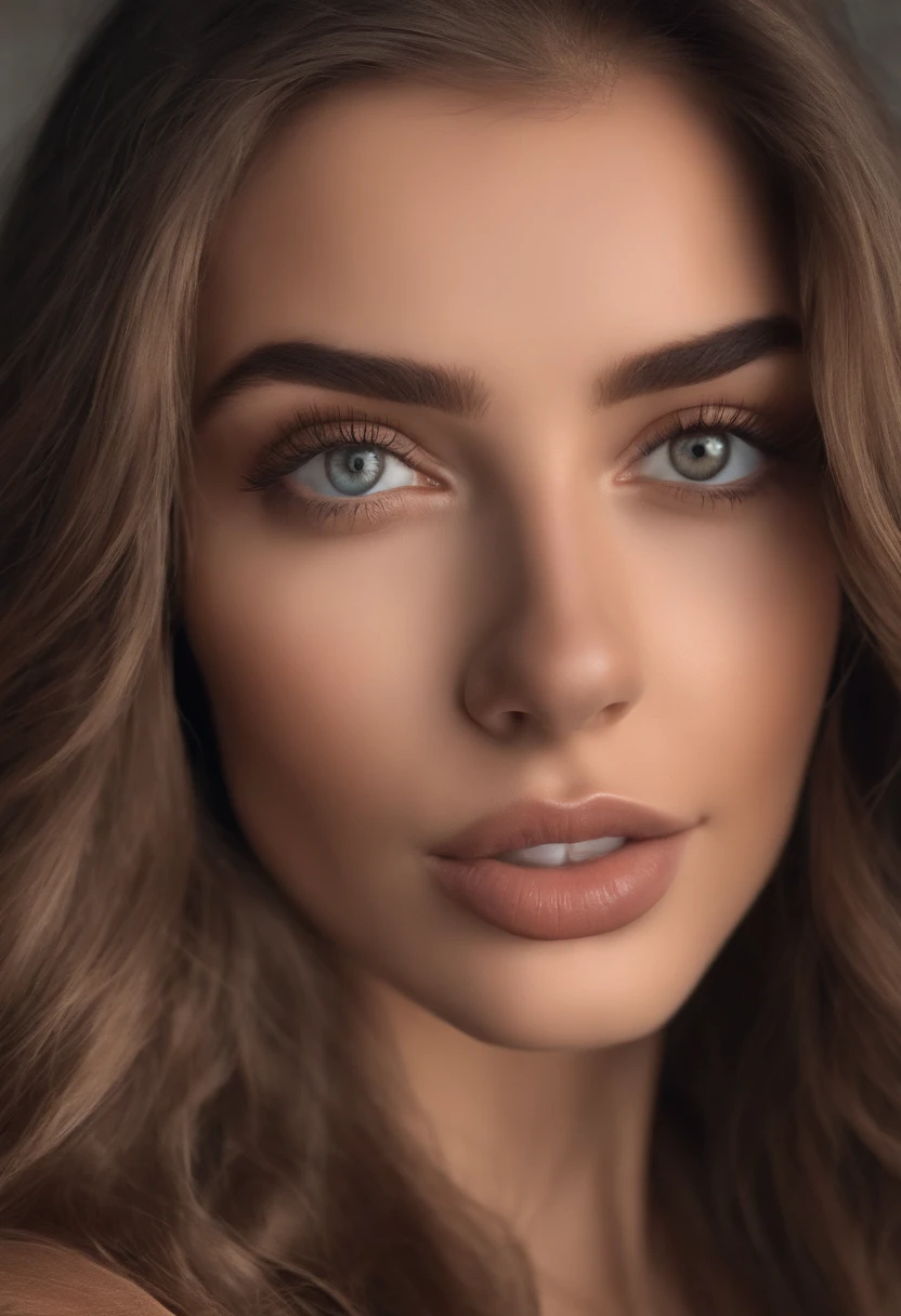 Arafed woman completely , fille sexy aux yeux bruns, ultra realist, Meticulously detailed, Portrait Sophie Mudd, cheveux bruns et grands yeux, selfie of a young woman, Yeux de chambre, Violet Myers, sans maquillage, maquillage naturel, Looking directly at the camera while drinking coffee, Visage avec Artgram, Maquillage subtil, Stunning photo of the whole body standing up drinking coffee leaning on the bar, Buste de grande taille