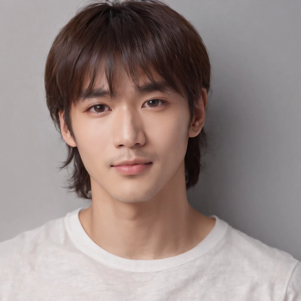 (Photo: 1.3) af (realistic: 1.3), East Asian man, ((Medium long hair with bangs)),soft light, clear face, front, ((white T-shirt)), cheerful, warm light, ((gray-white gradient background)),(background)) ,avatar,(,handsome,young,((avatar))