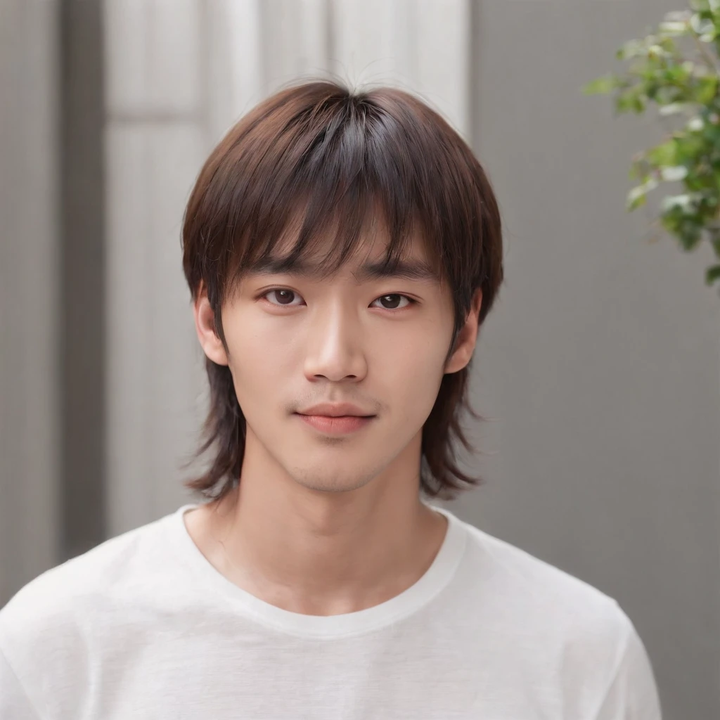 (Photo: 1.3) af (realistic: 1.3), East Asian man, ((Medium long hair with bangs)),soft light, clear face, front, ((white T-shirt)), cheerful, warm light, ((gray-white gradient background)),(background)) ,avatar,(,handsome,young,((avatar))