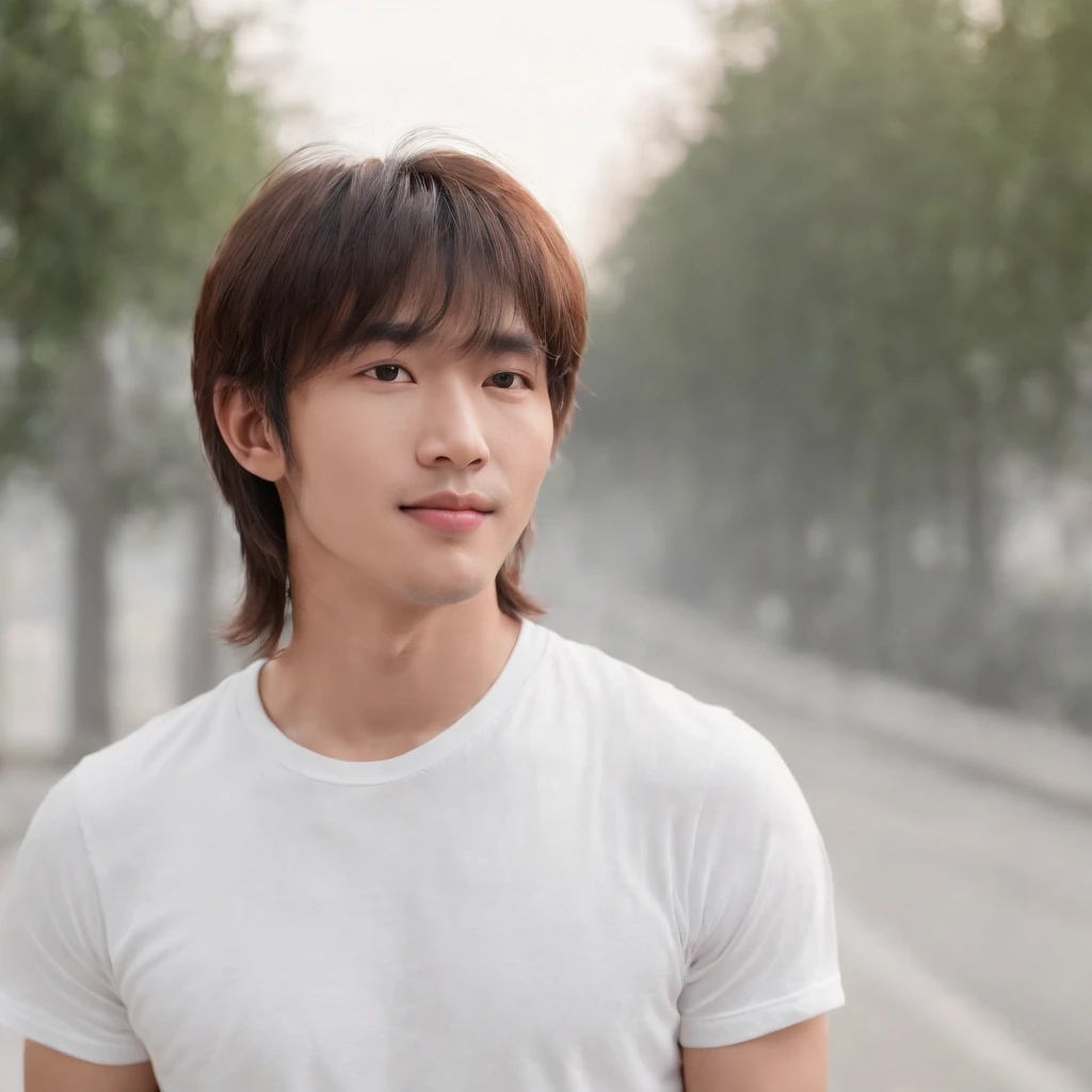 (Photo: 1.3) af (realistic: 1.3), East Asian man, ((Medium long hair with bangs)),soft light, clear face, front, ((white T-shirt)), cheerful, warm light, ((gray-white gradient background)),(background)) ,avatar,(,handsome,young,((avatar))