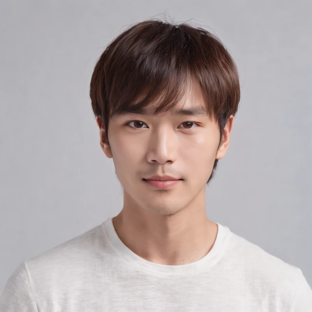 (Photo: 1.3) af (realistic: 1.3), East Asian man, ((Medium long hair with bangs)),soft light, clear face, front, ((white T-shirt)), cheerful, warm light, ((gray-white gradient background)),(background)) ,avatar,(,handsome,young,((avatar))