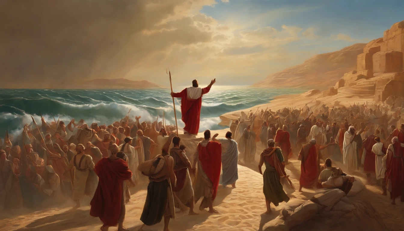 Moses crossing the Red Sea, Crossing the sea as if it were land, With a lot of people, million ,Staff or Moses ,desert,Old gowns,,History reference,High-quality artwork and details,Realistic portrait style,Subtle color palette,vibrant background,natural textures,Deep Shadows,Subtle highlights,Historical accuracy,meticulous attention to detail,Emotional depth and intensity,Authentic Representation,Thought-provoking,Spiritual atmosphere,A Sense of Ancient Wisdom,Profound impact