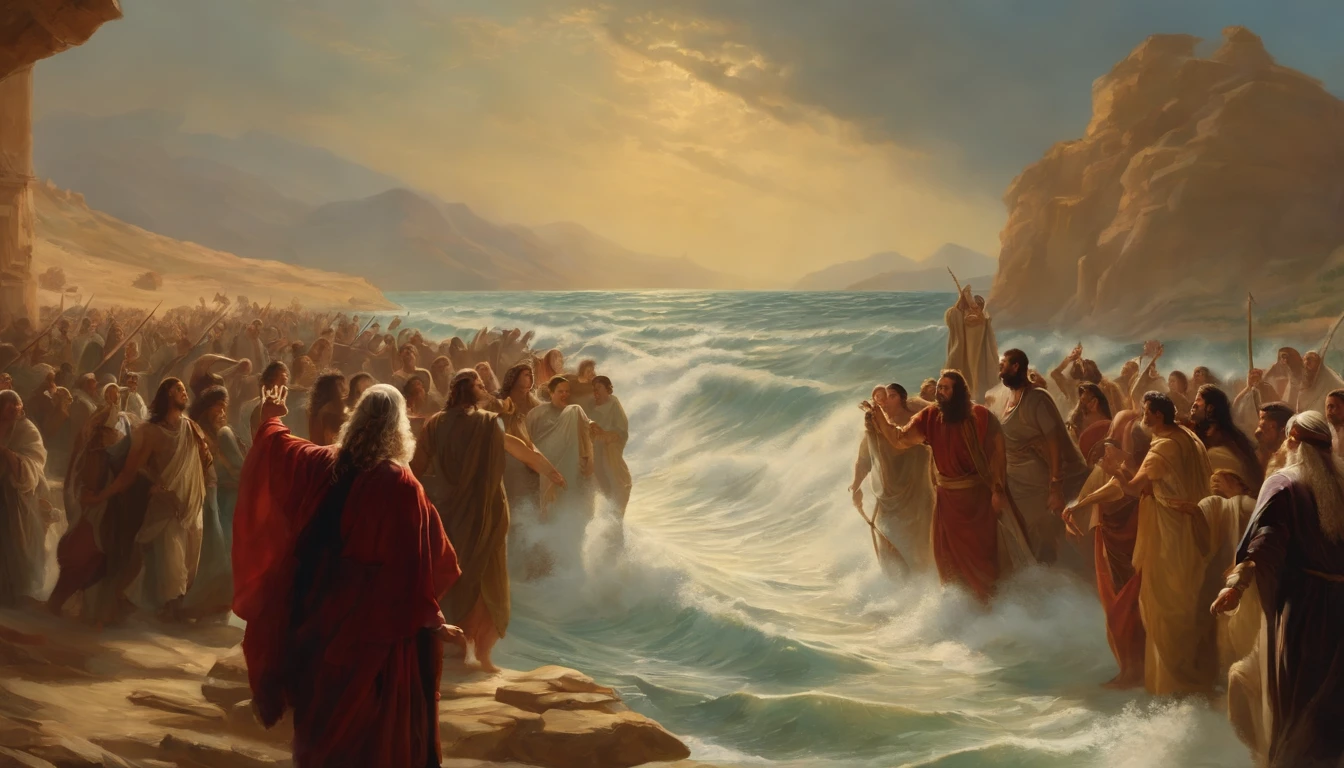 Moses crossing the Red Sea, Crossing the sea as if it were land, With a lot of people, million ,Staff or Moses ,desert,Old gowns,,History reference,High-quality artwork and details,Realistic portrait style,Subtle color palette,vibrant background,natural textures,Deep Shadows,Subtle highlights,Historical accuracy,meticulous attention to detail,Emotional depth and intensity,Authentic Representation,Thought-provoking,Spiritual atmosphere,A Sense of Ancient Wisdom,Profound impact