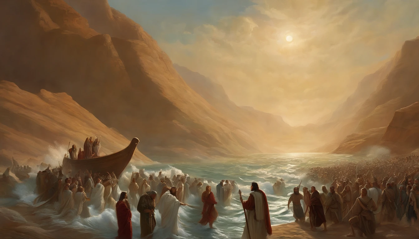 Moses crossing the Red Sea, Crossing the sea as if it were land, With a lot of people, million ,Staff or Moses ,desert,Old gowns,,History reference,High-quality artwork and details,Realistic portrait style,Subtle color palette,vibrant background,natural textures,Deep Shadows,Subtle highlights,Historical accuracy,meticulous attention to detail,Emotional depth and intensity,Authentic Representation,Thought-provoking,Spiritual atmosphere,A Sense of Ancient Wisdom,Profound impact
