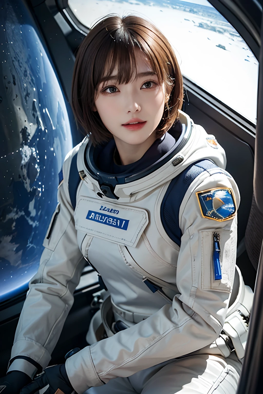 top-quality、masterpiece、超A high resolution、(realisitic:1.4)、Beautuful Women1、Beautiful detail eyes and skin、ssmile、Light brown short-cut hair、The perfect spacesuit、Inside the spacecraft、Water Planet、weak sunshine、