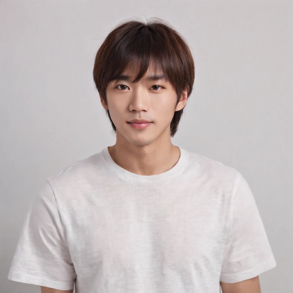 (Photo: 1.3) af (realistic: 1.3), East Asian man, ((Medium long hair with bangs)),soft light, clear face, front, ((white T-shirt)), cheerful, warm light, ((gray-white gradient background)),(background)) ,avatar,(,handsome,young,((avatar))