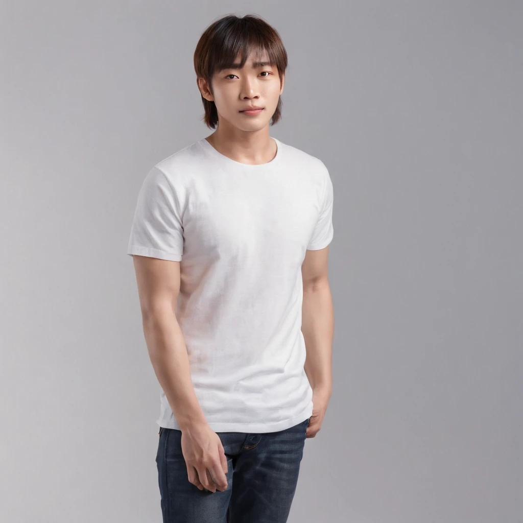 (Photo: 1.3) af (realistic: 1.3), East Asian man, ((Medium long hair with bangs)),soft light, clear face, front, ((white T-shirt)), cheerful, warm light, ((gray-white gradient background)),(background)) ,avatar,(,handsome,young,((avatar))