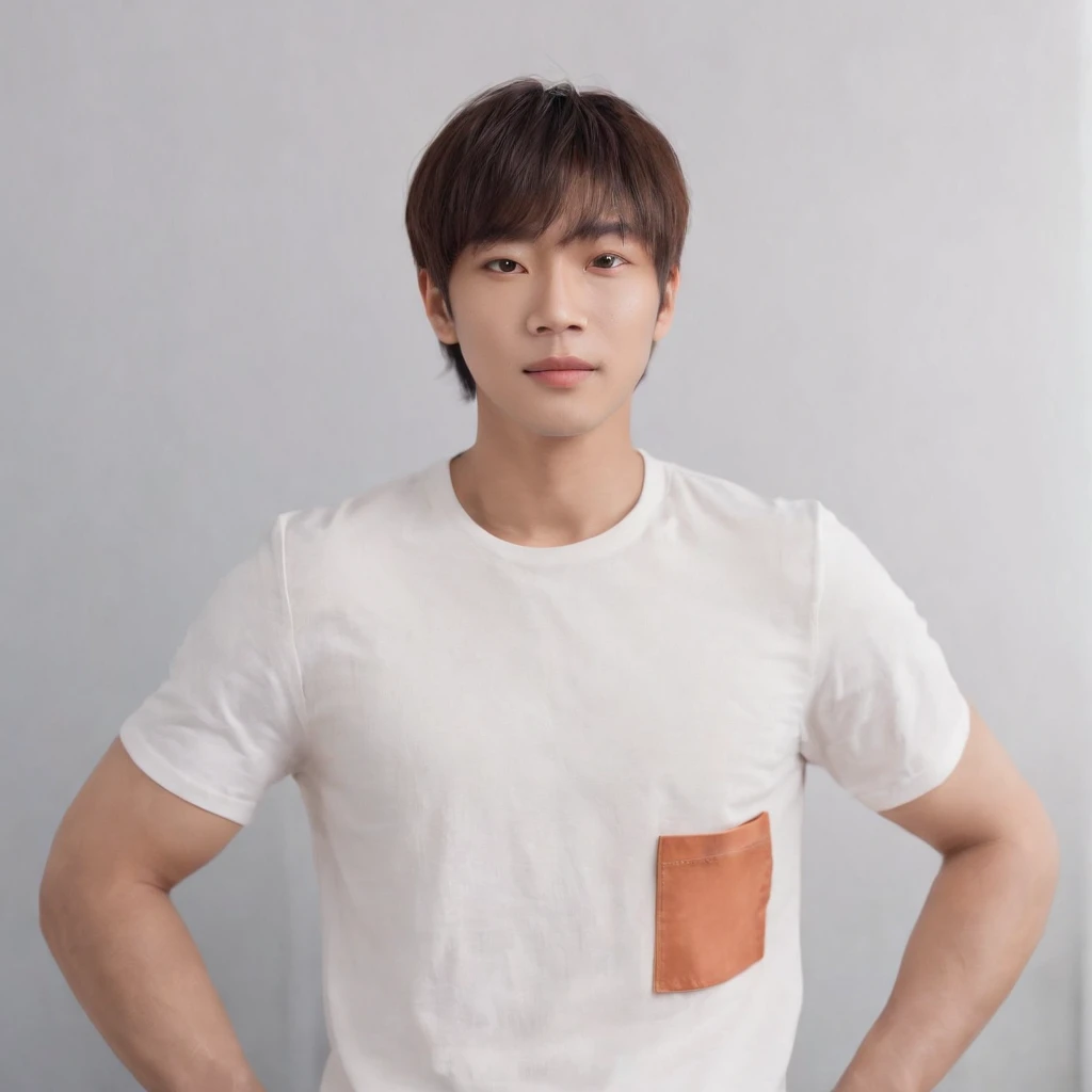 (Photo: 1.3) af (realistic: 1.3), East Asian man, ((Medium long hair with bangs)),soft light, clear face, front, ((white T-shirt)), cheerful, warm light, ((gray-white gradient background)),(background)) ,avatar,(,handsome,young,((avatar))