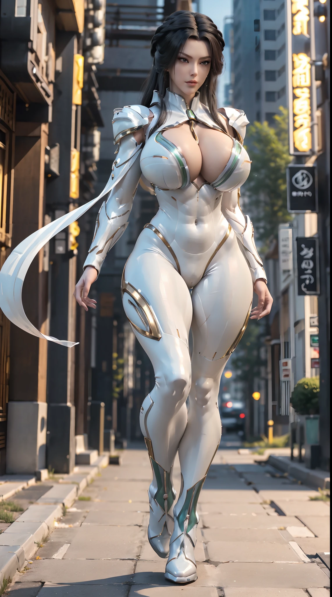 1GIRL, SOLO, (BLACK PONYTAIL HAIR), (HUGE FAKE BOOBS:1.5), (WHITE, GOLD, LIGHT GREEN), (SKINTIGHT FUTURISTIC MECHA BODYSUIT, ROYAL LONG CLOAK, CLEAVAGE:1.2), (SKINTIGHT YOGA PANTS, GUARD MECHA BOOTS:1.2), (SEXY MUSCULAR BODY, MUSCLE ABS, LONG LEGS, FULL BODY VIEW:1.5), (LOOKING AT VIEWER), (WALKING DOWN STREET CYBER NIGHT CITY:1.2), ULTRA HIGHT DEFINITION, 8K, 1080P.