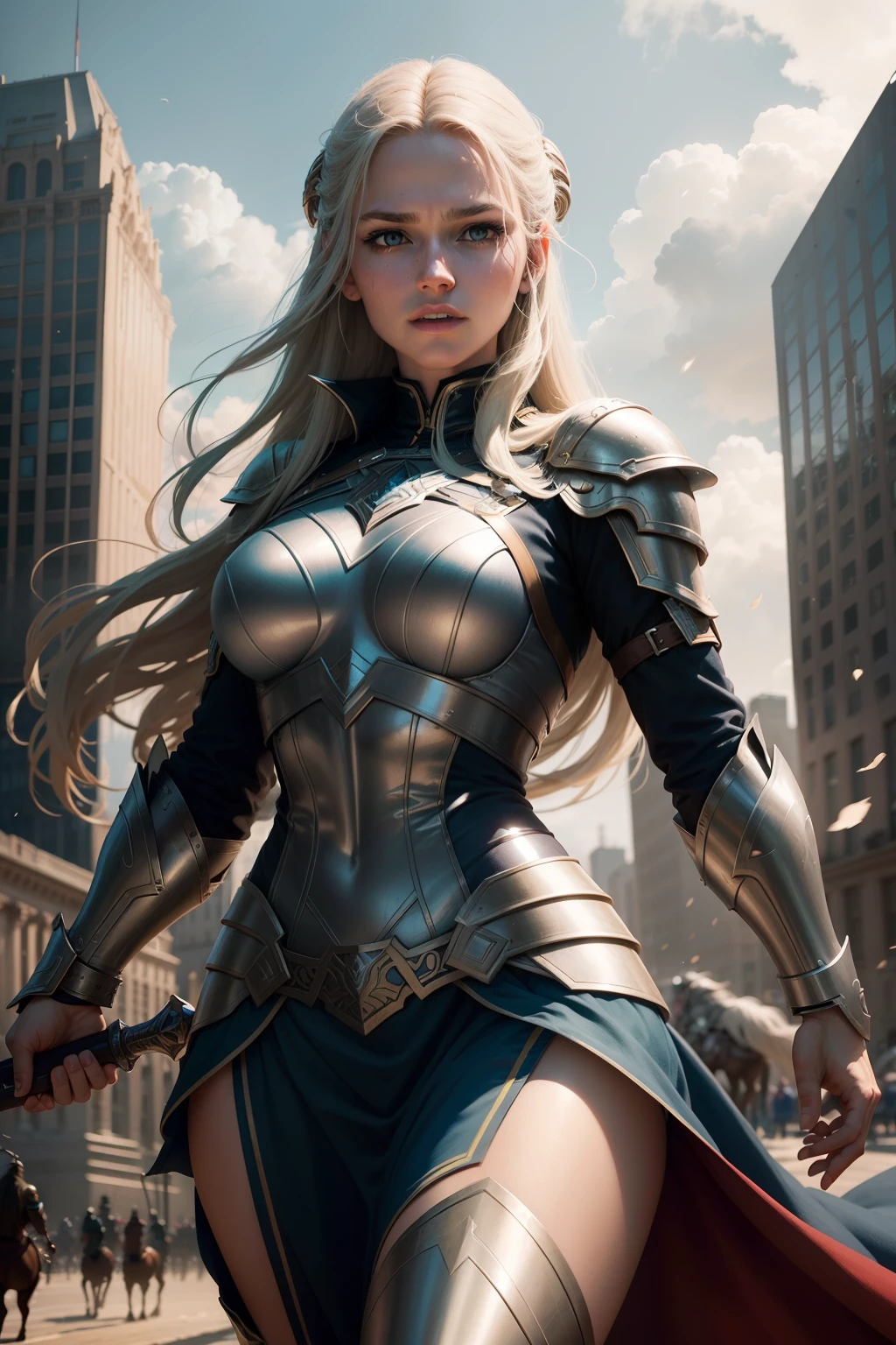 New York, Square of Time, Valkyrie, also known as Brunnhilde, is a character from Marvel Comics. She is an Asgardian warrior and a member of the Valkyries, a group of godlike warriors tasked with escorting the souls of fallen warriors to Valhalla. Valkyrie is skilled in hand-to-hand combat, wielding a sword and riding a majestic (horse) called Pegasus. She possesses superhuman strength, stamina, and longevity due to her Asgardian heritage. Additionally, Valkyrie is notable for her leadership, determination, and loyalty to her fellow Asgardians and the Avengers. Her presence brings a touch of mysticism and heroism to the mythology of the Marvel Universe. (best quality: 1.0), (Ultra Highres: 1.0), highly detailed face and eyes, (photorealistic: 1.2)