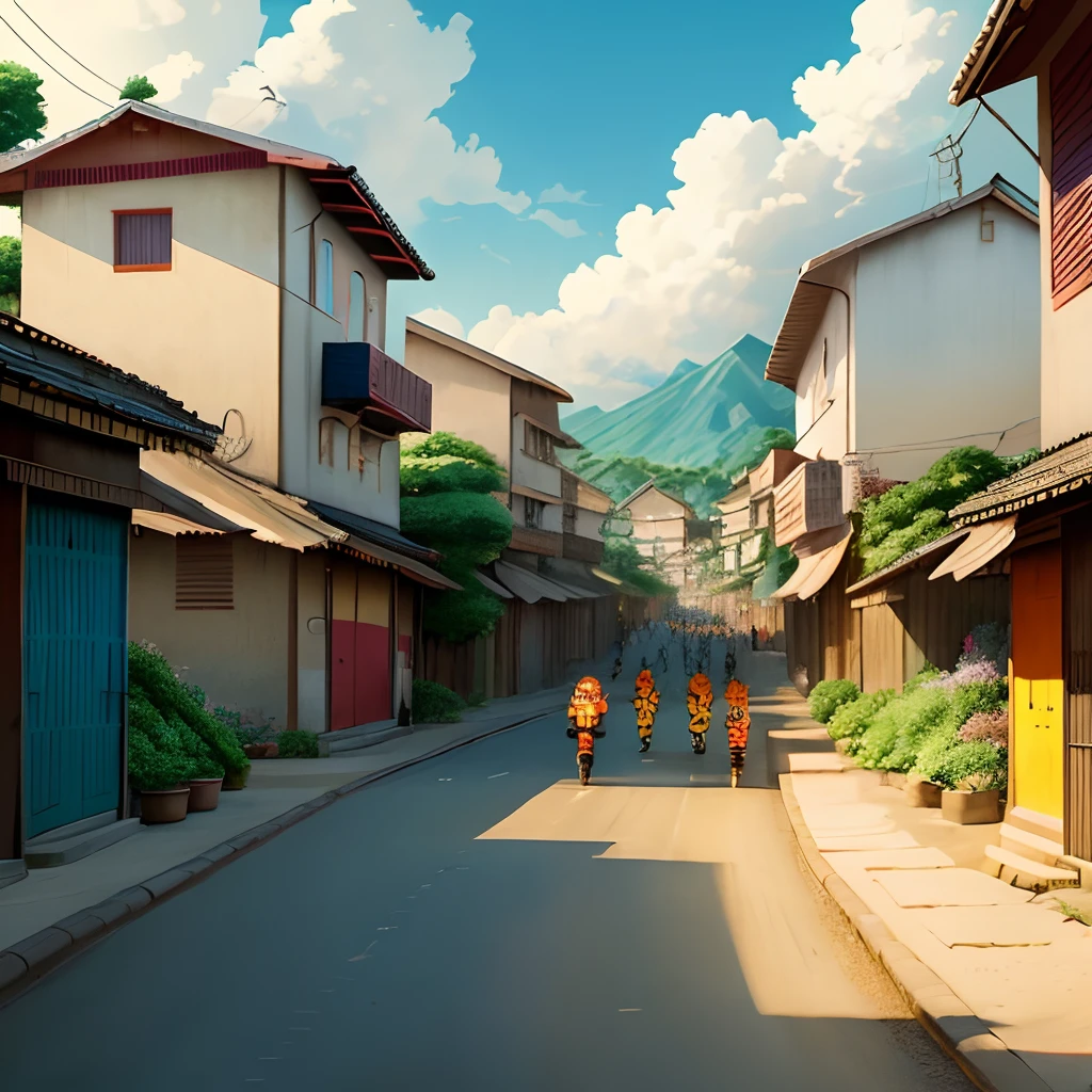 Picture a scene where Naruto, in a vibrant anime style, is sprinting through the village's bustling streets. Surrounded by spirited Indian children, the atmosphere is alive with vivid colors and energy, and the roadside flora adds a touch of enchantment to the scene."