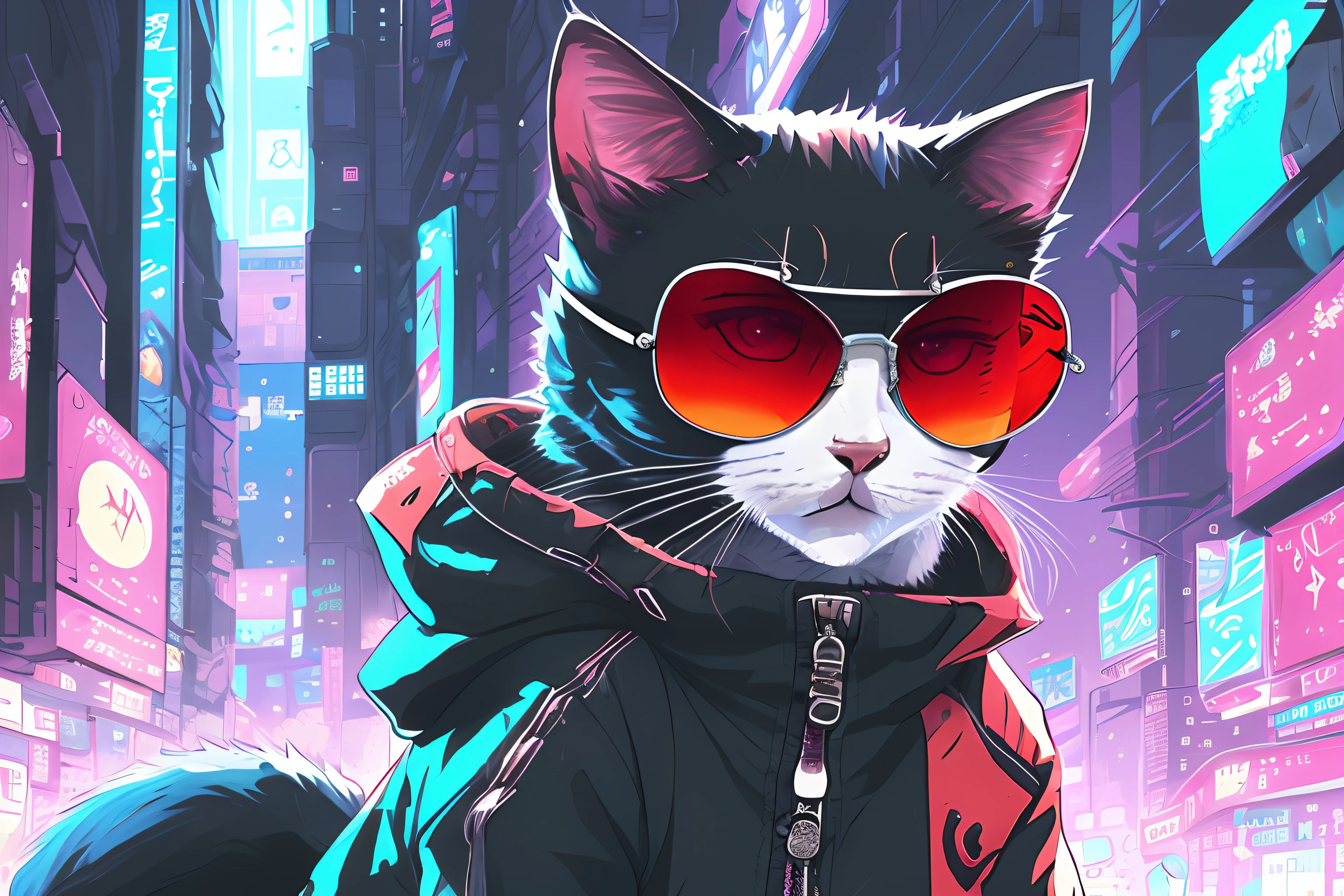 Cute anthropomorphic cat ninja in sunglasses and red jacket, epic anime style, Persona 5 WLOP Art Style, author: Hyponytail, furry art, detailed anime character art, Elements of cyberpunk, Popular anime-inspired 4K artwork on pixiv and art stations.Cat in a cyberpunk suit、dandy