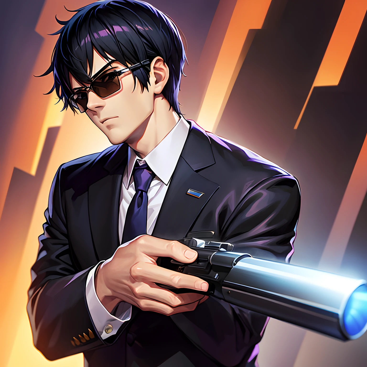 Close up portrait of a person with a gun in his hand, in style of kentaro miura, security agent, Smoking and gun retention, avatar image, by Oka Yasutomo, with a pistol, by Kamisaka Sekka, In the style of Kawai Wong, vector shaded anime, kentaro miura art style, Kentaro Miura-style black hair、Wearing square sunglasses、black suits、Blue tie、Stand sideways、Holding a gun in your right hand、Posture in front of the face、Upper body only photos、hight resolution、high-detail、selphie、Glock in hand、middle aged man、White shirt、Pose like James Bond、short-haired、muscular figure、Purple and orange gradient background、Single Shot