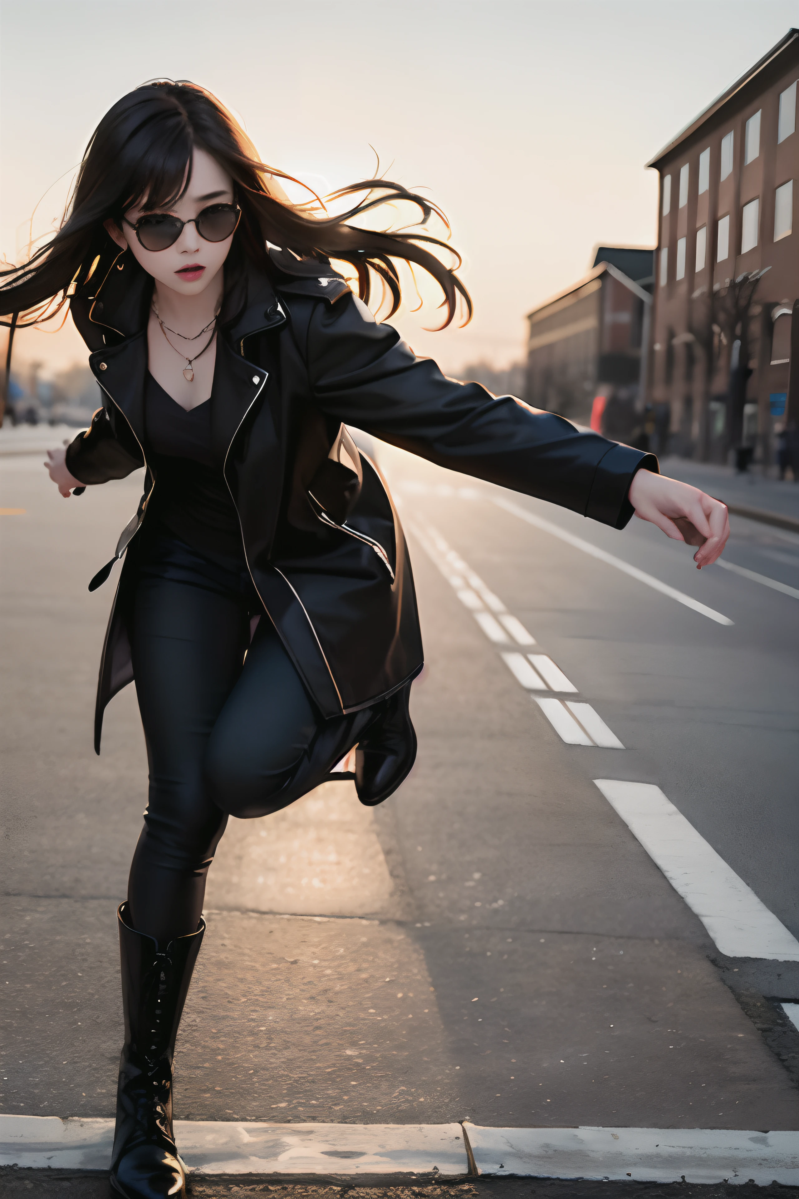 1girl, long curly black hair, brown eyes, wearing black long coat, black under shirt, black leather long pants, black boots, wearing a red necklace, high res, ultrasharp, 8K, masterpiece, looking at viewer, full body photo, magnificent scene, epic scenes, college student, college campus, sunny sky, black sunglasses, jumping action, running action, fighting action, motorcycle, water fountain