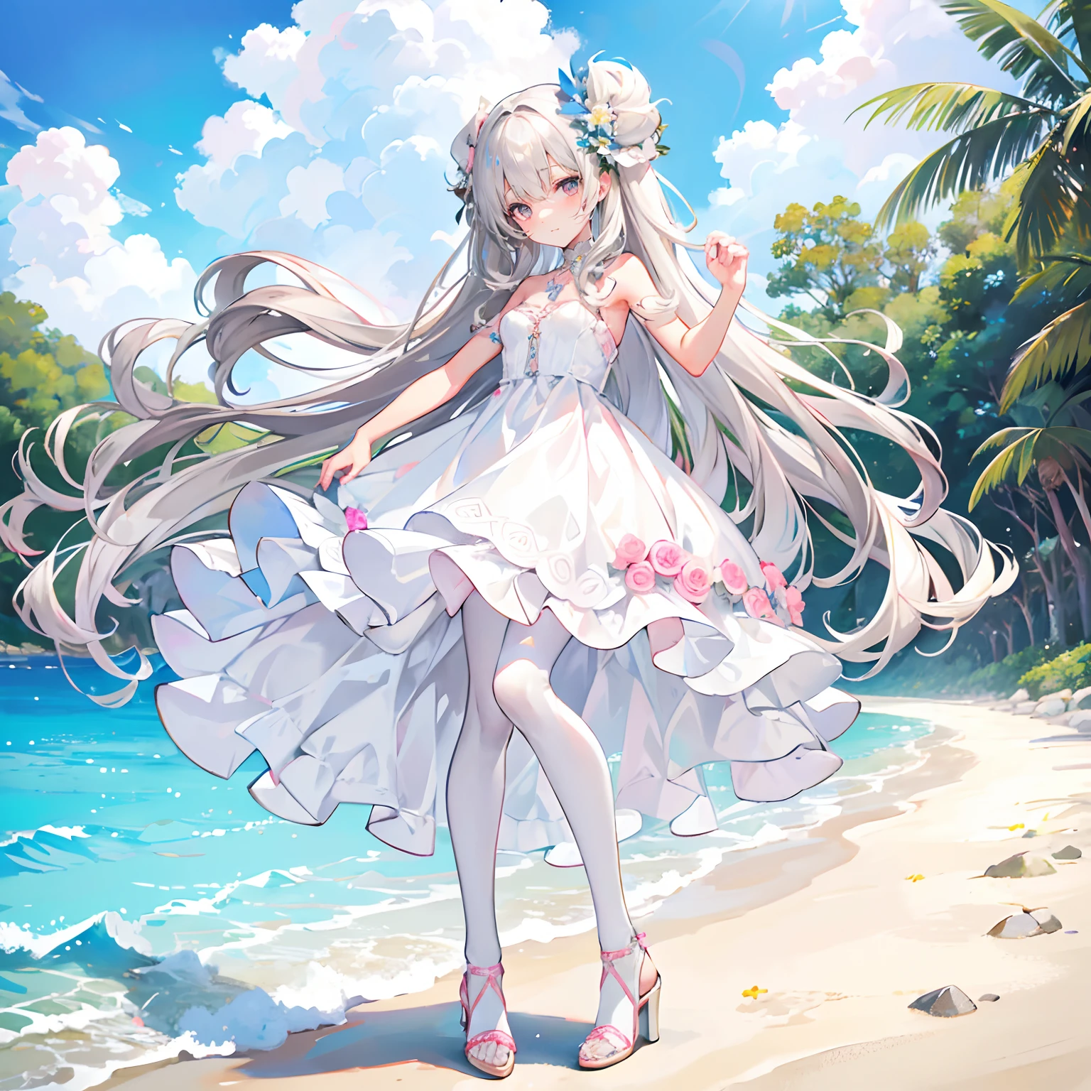 Silver-gray hair,Pink-brown eyes,long whitr hair,curlies,adolable,s girl,,White gorgeous beautiful dress,White silk pantyhose,High heels on the feet,fully body photo,All body,Fingers and arms are not exposed,Background sandy beach,with blue sky and white clouds,Flowers and bushes,Happy expression