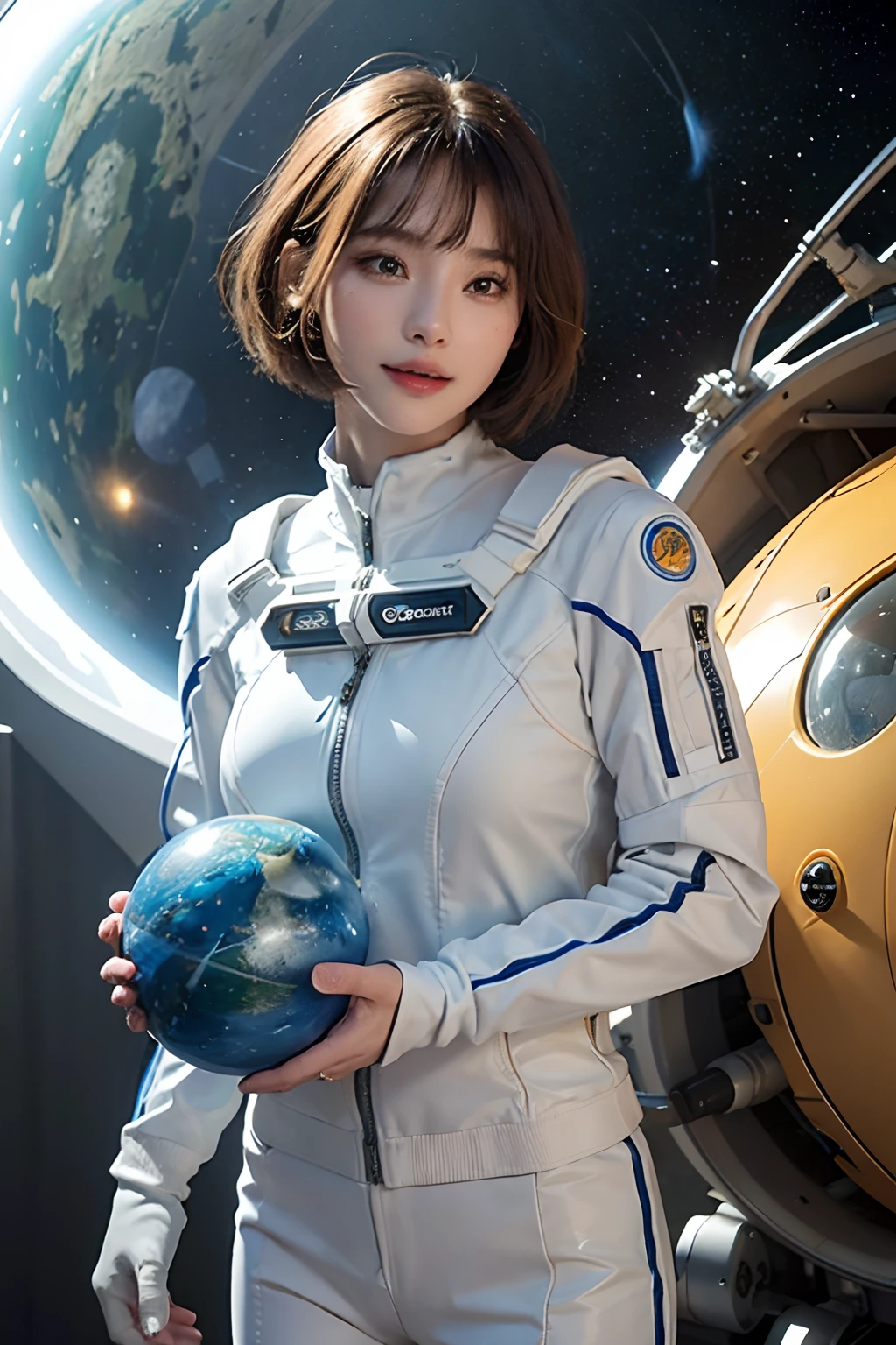 top-quality、masterpiece、超A high resolution、(realisitic:1.4)、Beautuful Women1、Beautiful detail eyes and skin、ssmile、Light brown short-cut hair、The perfect spacesuit、Inside the spacecraft、Water Planet、weak sunshine、cosmic space、