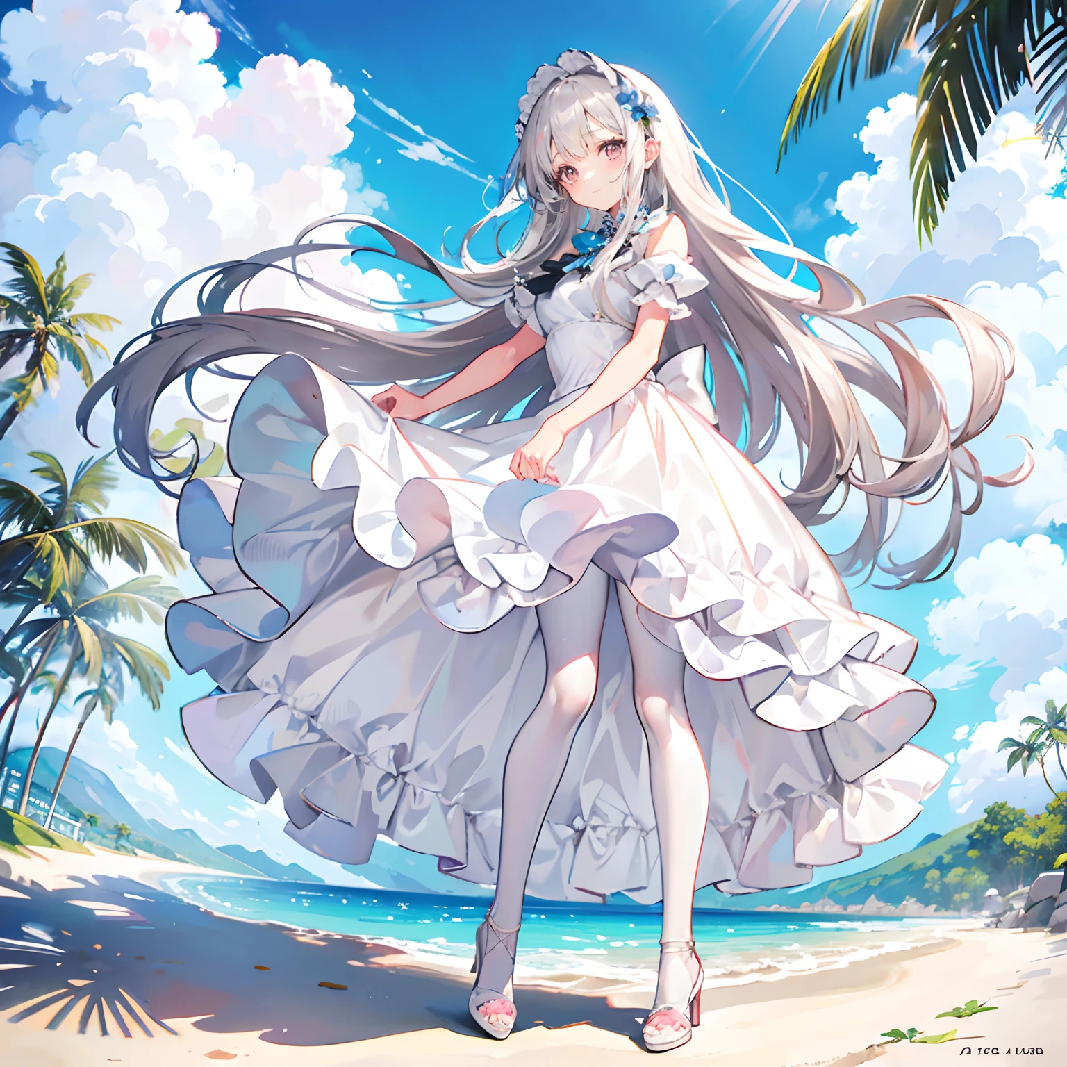Silver-gray hair,Pink-brown eyes,long whitr hair,curlies,adolable,teens girl,,White gorgeous beautiful dress,White silk pantyhose,High heels on the feet,fully body photo,All body,Fingers and arms are not exposed,Background sandy beach,with blue sky and white clouds,Flowers and bushes,Happy expression