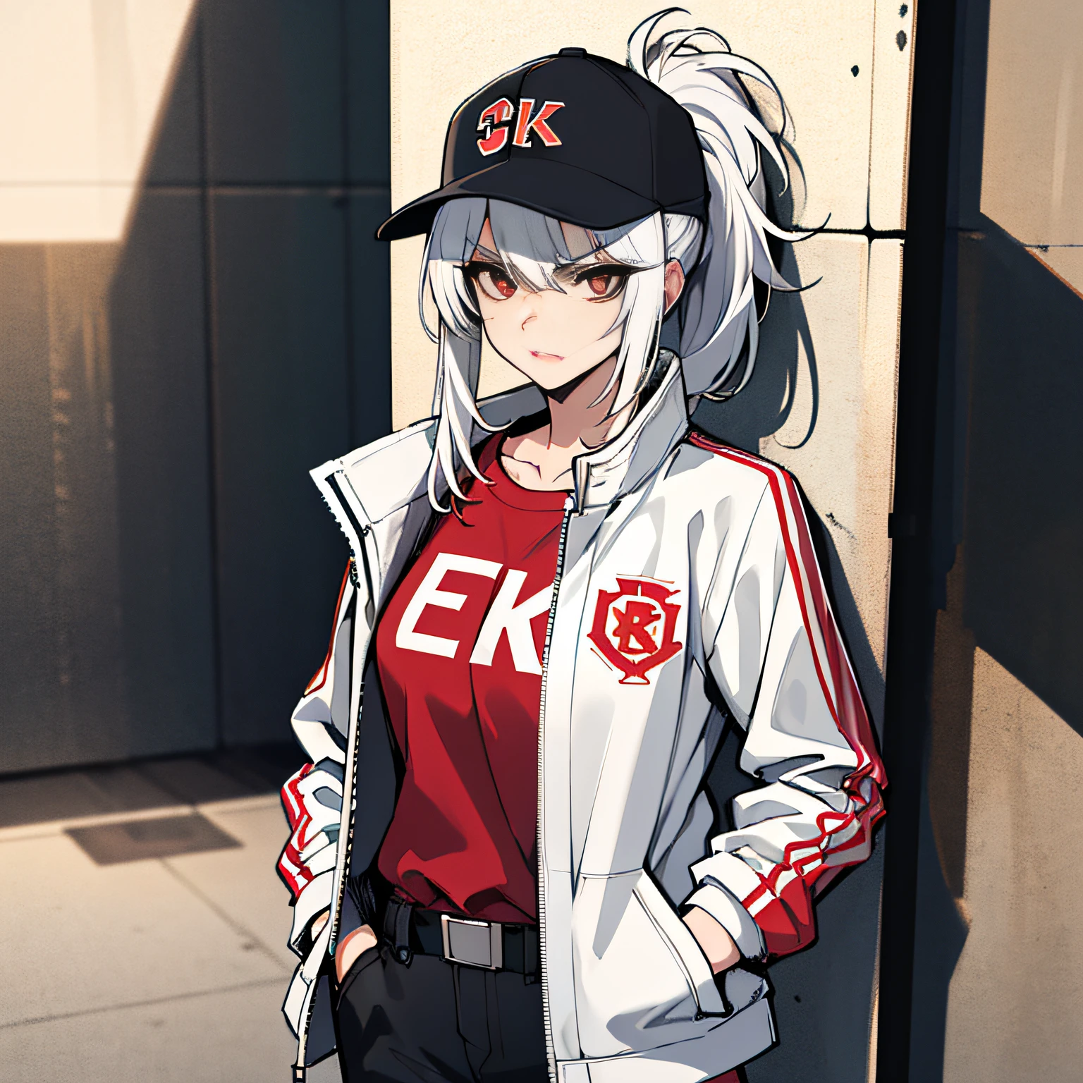 (absurdres, 8k, 4k, masterpiece, hyper extreme detailed:1.2), solo, 1girl, portrait, best quality, expressive eyes, perfect face, 1girl, portrait, solo, Female, mature female, adult, messy hair, white hair, medium bust, swept bangs, side bangs, messy hair, medium hair, perfect anatomy, soldier, angry, annoyed, red eyes, looking forward, forward view, perfect eyes, scars, gloves, red graphic t-shirt, baseball cap, half body, perfect anatomy, athletic shoes, bedroom background, leaning against wall, white jacket, open jacket, ponytail, adult, mature woman, standing, leaning back, hands in jacket pockets, perfect face, cowboyshot