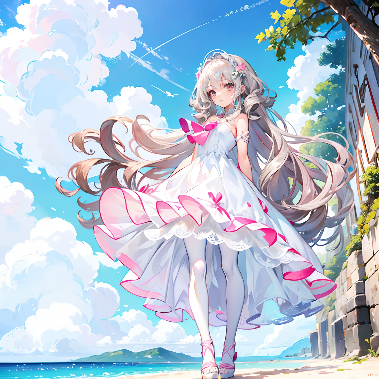 Silver-gray hair，Pink-brown eyes，long whitr hair，curlies，adolable，teens girl，，White gorgeous beautiful dress，White silk pantyhose，High heels on the feet，fully body photo，All body，Fingers and arms are not exposed，Background sandy beach，with blue sky and white clouds，Flowers and bushes，Happy expression