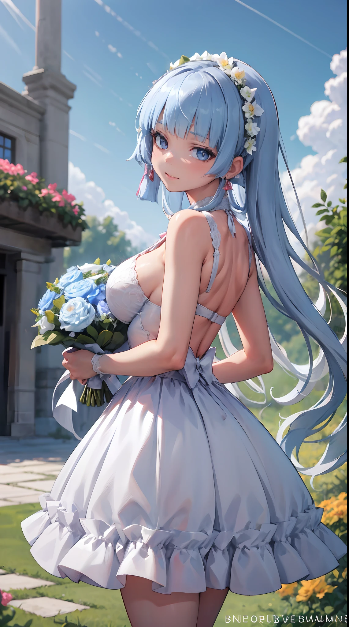 kamisato ayaka| genshin impact, master-piece, bestquality, 1girls,25 years old, proportional body, proportional., Wedding Dresses, White Wedding Dress, Long skirt, wedding, mediuml breasts, ,bara, Standing in the middle of a flower garden, outdoor, wedding, The sky is beautiful, Both hands hold a bouquet of flowers............................................, View viewers from the front., Thigh strap, Head tilt, bored, 10, 10, HD, slight smile,