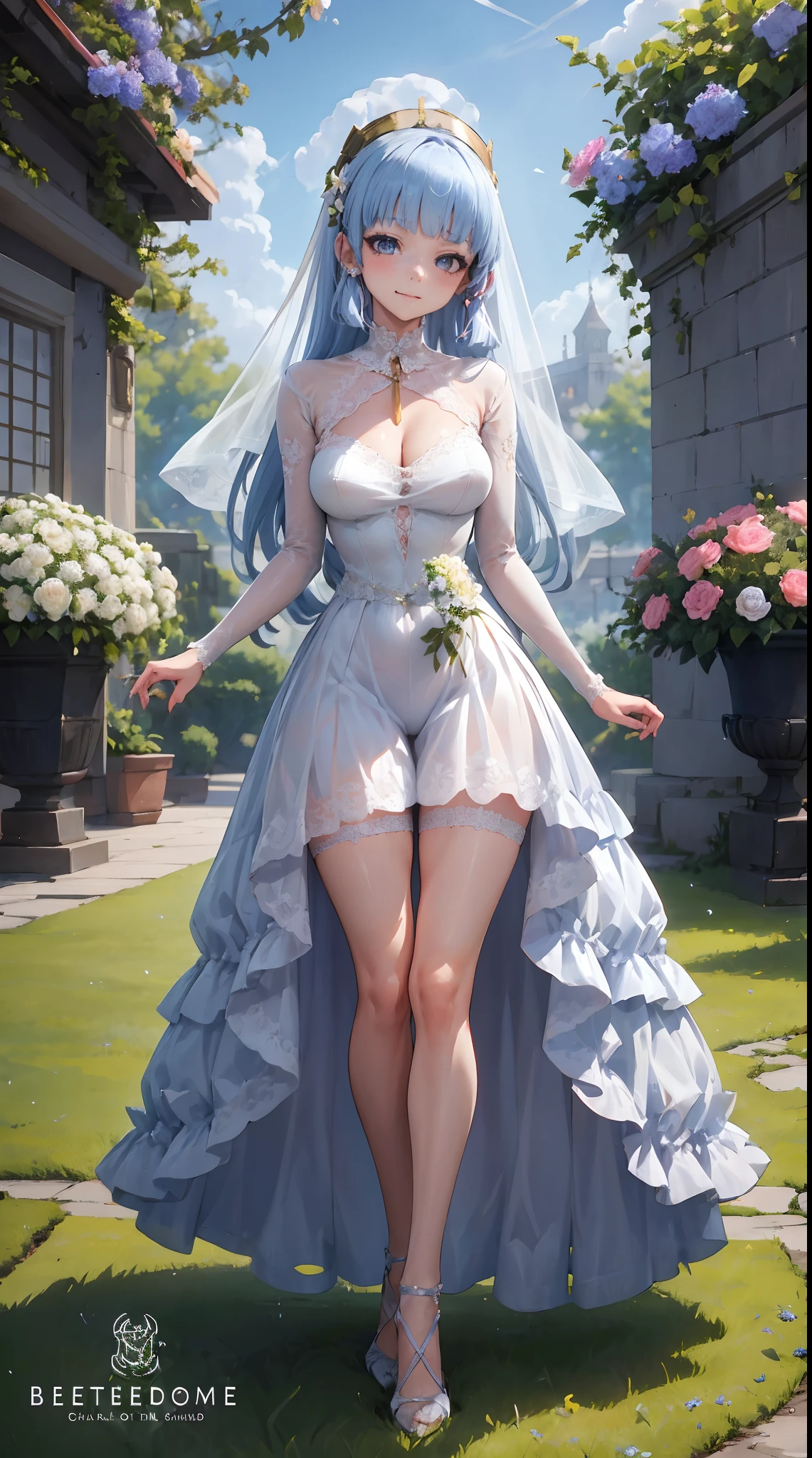 kamisato ayaka| genshin impact, master-piece, bestquality, 1girls,25 years old, proportional body, proportional., Wedding Dresses, White Wedding Dress, Long skirt, wedding, mediuml breasts, ,bara, Standing in the middle of a flower garden, outdoor, wedding, The sky is beautiful, Both hands hold a bouquet of flowers............................................, View viewers from the front., Thigh strap, Head tilt, bored, 10, 10, HD, slight smile,