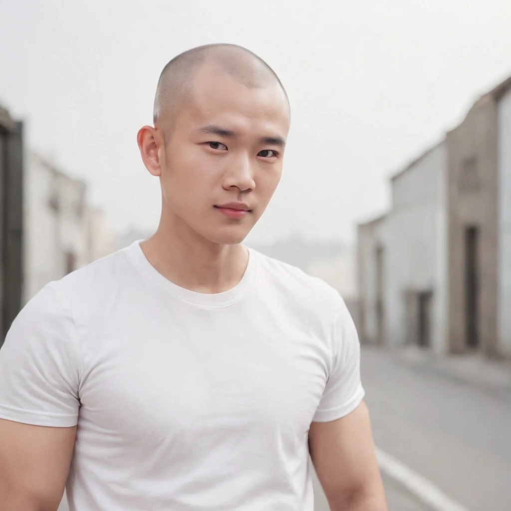 (Photo: 1.3) af (realistic: 1.3), East Asian man, ((skinhead)),soft light, clear face, front, ((white T-shirt)), cheerful, warm light, ((gray-white gradient background)),(background)) ,avatar,(,handsome,young,((avatar))