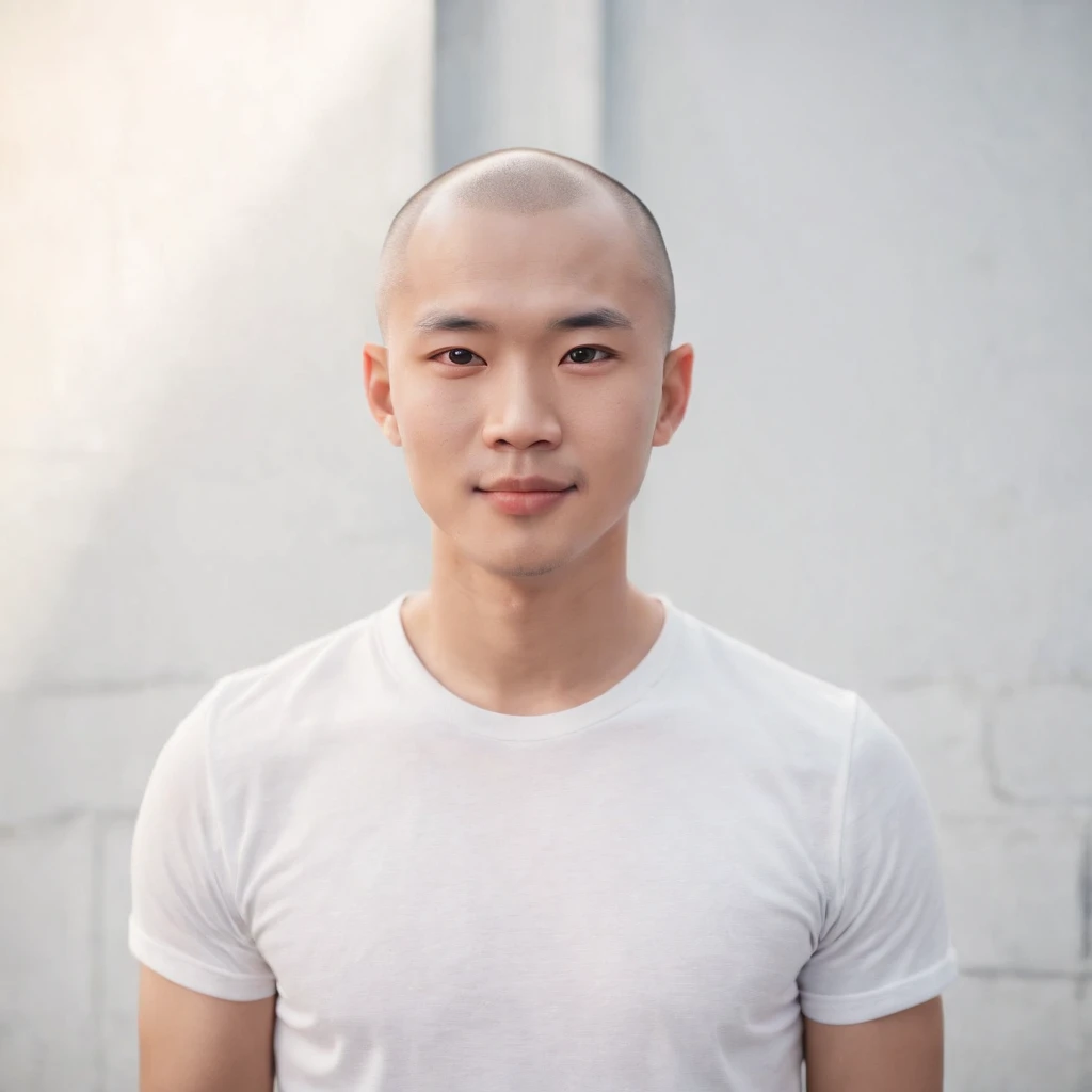 (Photo: 1.3) af (realistic: 1.3), East Asian man, ((skinhead)),soft light, clear face, front, ((white T-shirt)), cheerful, warm light, ((gray-white gradient background)),(background)) ,avatar,(,handsome,young,((avatar))