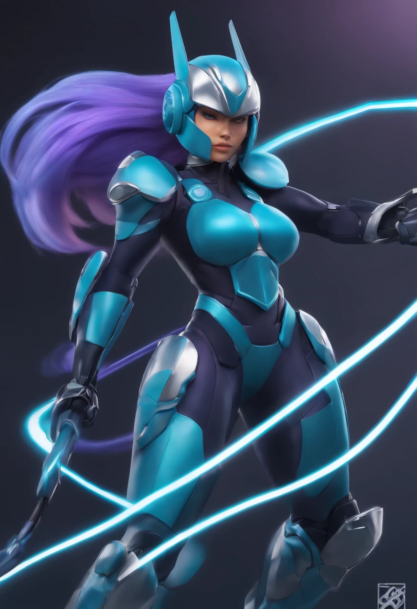 Reploid, Maverick Hunter. Long flowing lavender hair. Wearing teal visor, navy blue breastplate armor with black bodysuit underneath. Holding an electric whip in hand. Wearing a utility belt. Cel shading