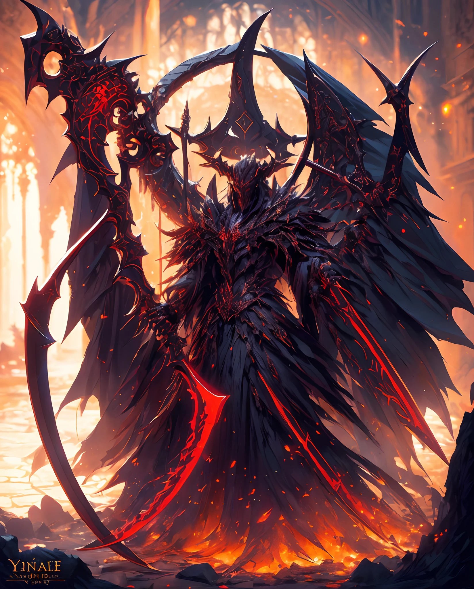arafed image of a (demonic figure) with (a scythe) in a (dark castle), by Yang J, amazing 8k character concept art, guillem h. pongiluppi, unreal engine fantasy art, 8 k high detail concept art, epic digital concept art, best of artstation, epic exquisite character art, Artstation contest winner, fantasy scythe