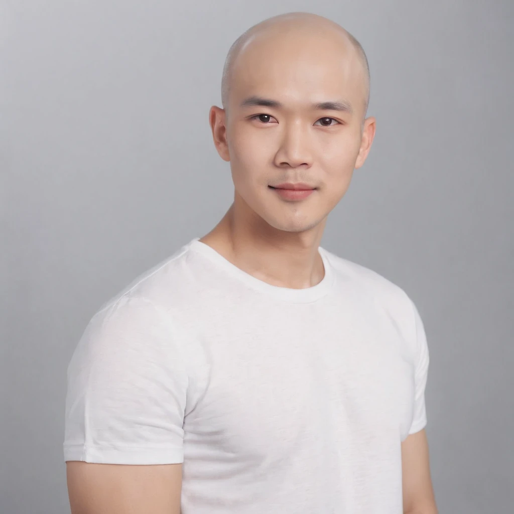 (Photo: 1.3) af (realistic: 1.3), East Asian man, ((bald)),soft light, clear face, front, ((white T-shirt)), cheerful, warm light, ((gray-white gradient background)),(background)) ,avatar,(,handsome,young,((avatar))