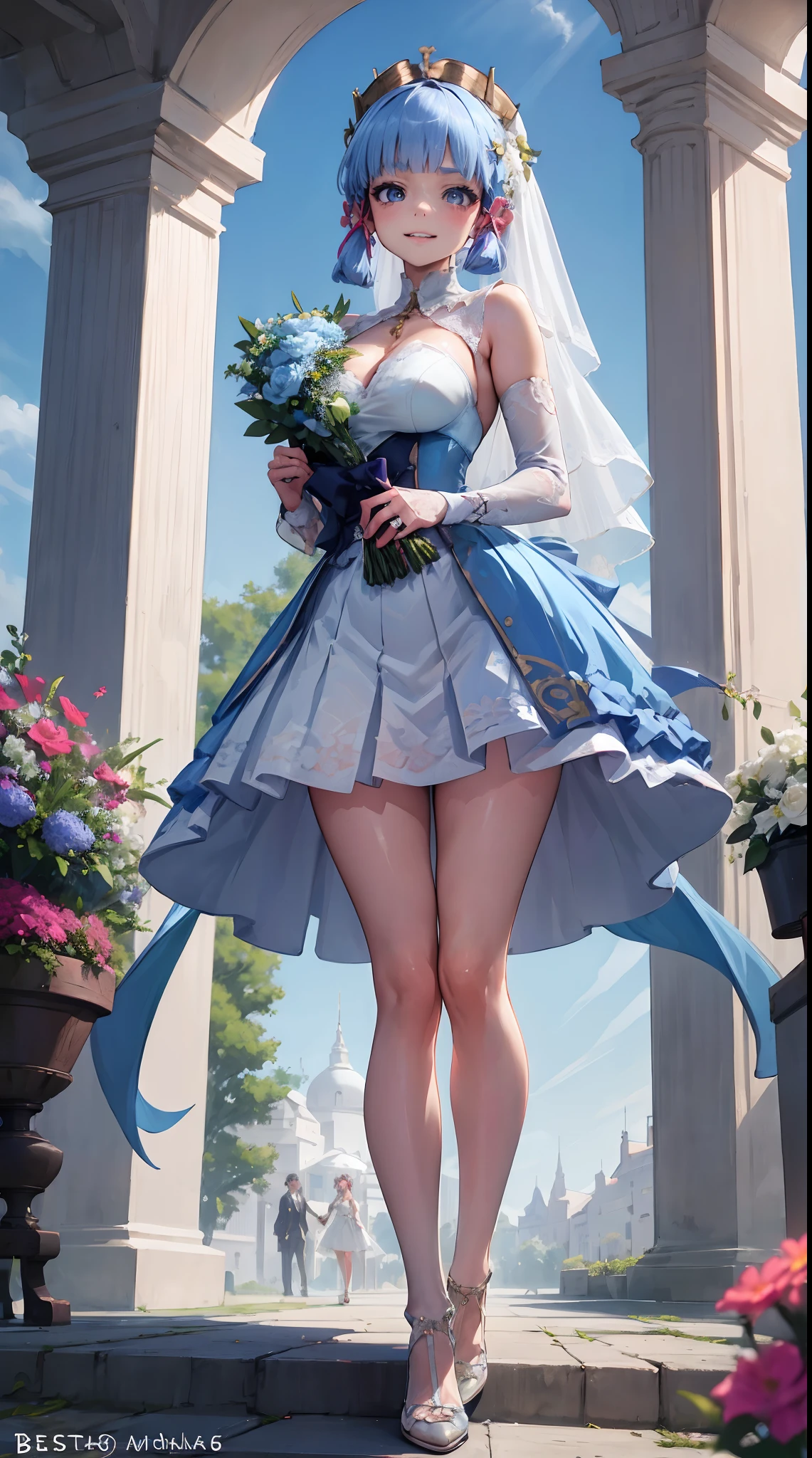 Kujou Sara| genshin impact, master-piece, bestquality, 1girls,25 years old, proportional body, proportional., thick wedding dress skirt, White Wedding Dress, Long skirt, Big skirt, mediuml breasts, ,bara, choker, Standing in the middle of a flower garden, outdoor, The sky is beautiful, In Japanese shrines, arm behind back, View viewers from the front, Thigh strap, Head tilt, bored, HD, A slight touch.,