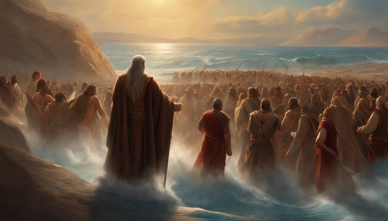 The sea splits, and those who cross the rift, Moses crosses the Red Sea, Crossing the sea like a land, With a lot of people, million ,The Staff or Moses ,desert,Old gowns,,History reference,High-quality artwork and details,Realistic portrait style,Subtle color palette,vibrant background,natural textures,Deep Shadows,Subtle highlights,Historical accuracy,meticulous attention to detail,Emotional depth and intensity,Authentic Representation,Thought-provoking,Spiritual atmosphere,A Sense of Ancient Wisdom,Profound impact