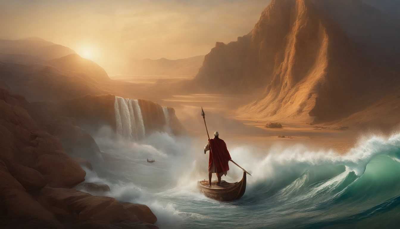 The sea splits, and those who cross the rift, Moses crosses the Red Sea, Crossing the sea like a land, With a lot of people, million ,The Staff or Moses ,desert,Old gowns,,History reference,High-quality artwork and details,Realistic portrait style,Subtle color palette,vibrant background,natural textures,Deep Shadows,Subtle highlights,Historical accuracy,meticulous attention to detail,Emotional depth and intensity,Authentic Representation,Thought-provoking,Spiritual atmosphere,A Sense of Ancient Wisdom,Profound impact