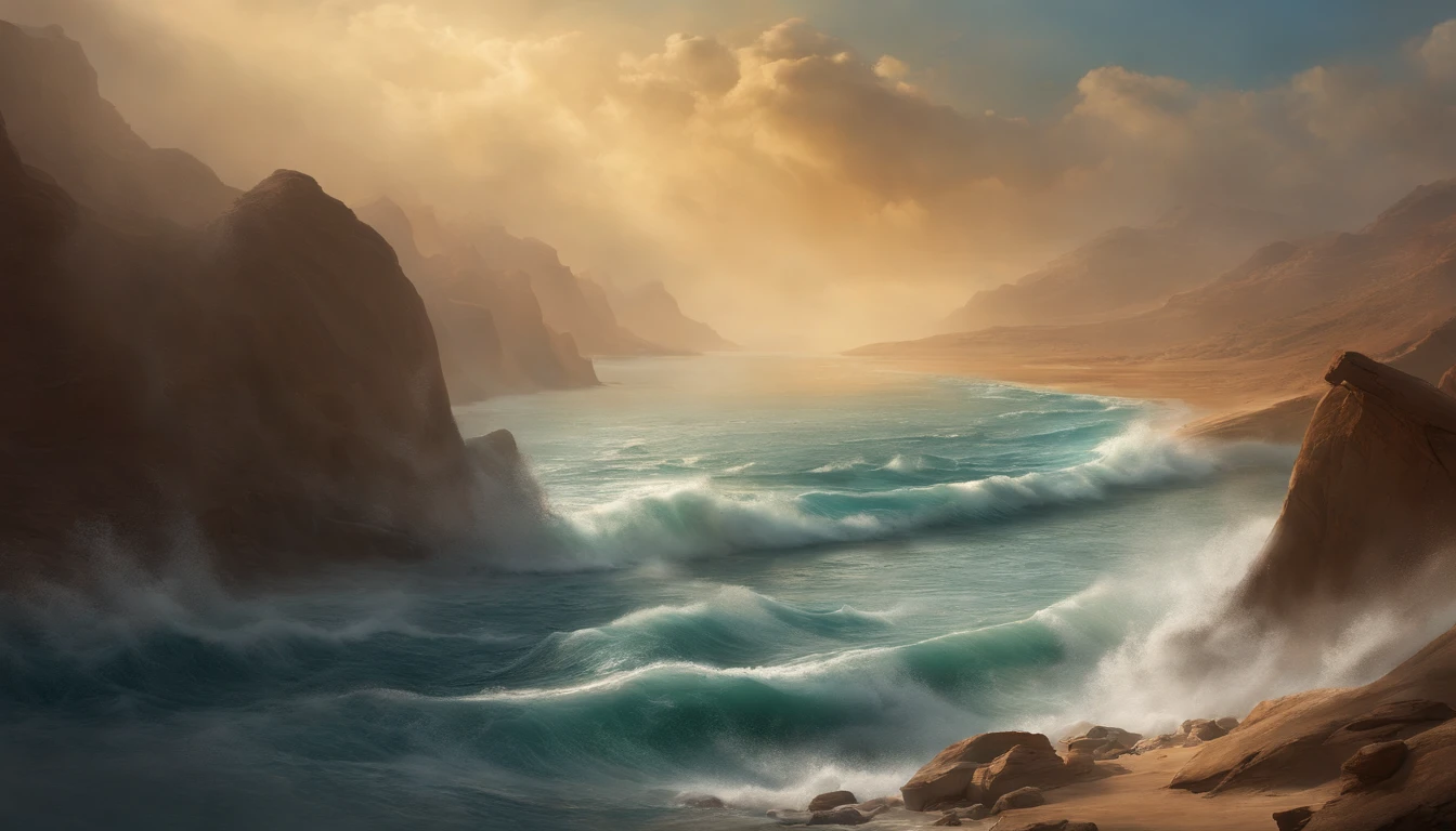 The sea splits, and those who cross the rift, Moses crosses the Red Sea, Crossing the sea like a land, With a lot of people, million ,The Staff or Moses ,desert,Old gowns,,History reference,High-quality artwork and details,Realistic portrait style,Subtle color palette,vibrant background,natural textures,Deep Shadows,Subtle highlights,Historical accuracy,meticulous attention to detail,Emotional depth and intensity,Authentic Representation,Thought-provoking,Spiritual atmosphere,A Sense of Ancient Wisdom,Profound impact