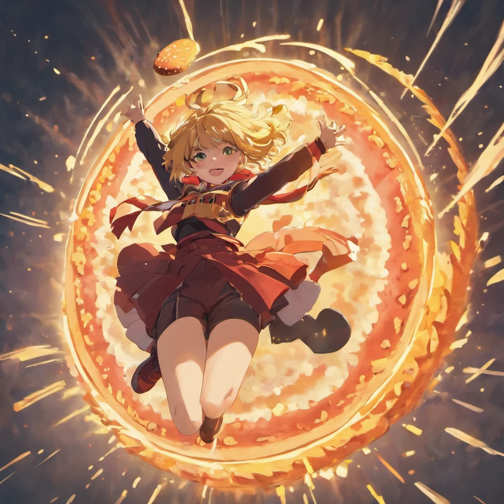 big double burger  jumping in the air, the character is flying, real, shounen jump, an animated character, real style character, [ Digital art ]!!,, jumping posture