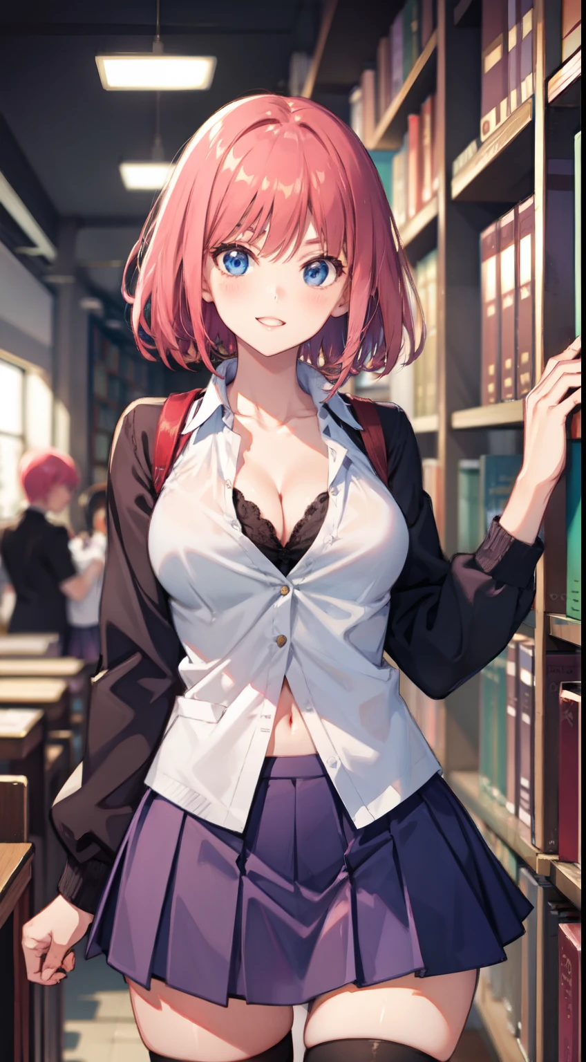 nakano nino, short hair, medium breast, slim legs, happy, cleavage, short skirt, navel, blue eyes, school uniform, thigh high socks, stand, library, pink hair