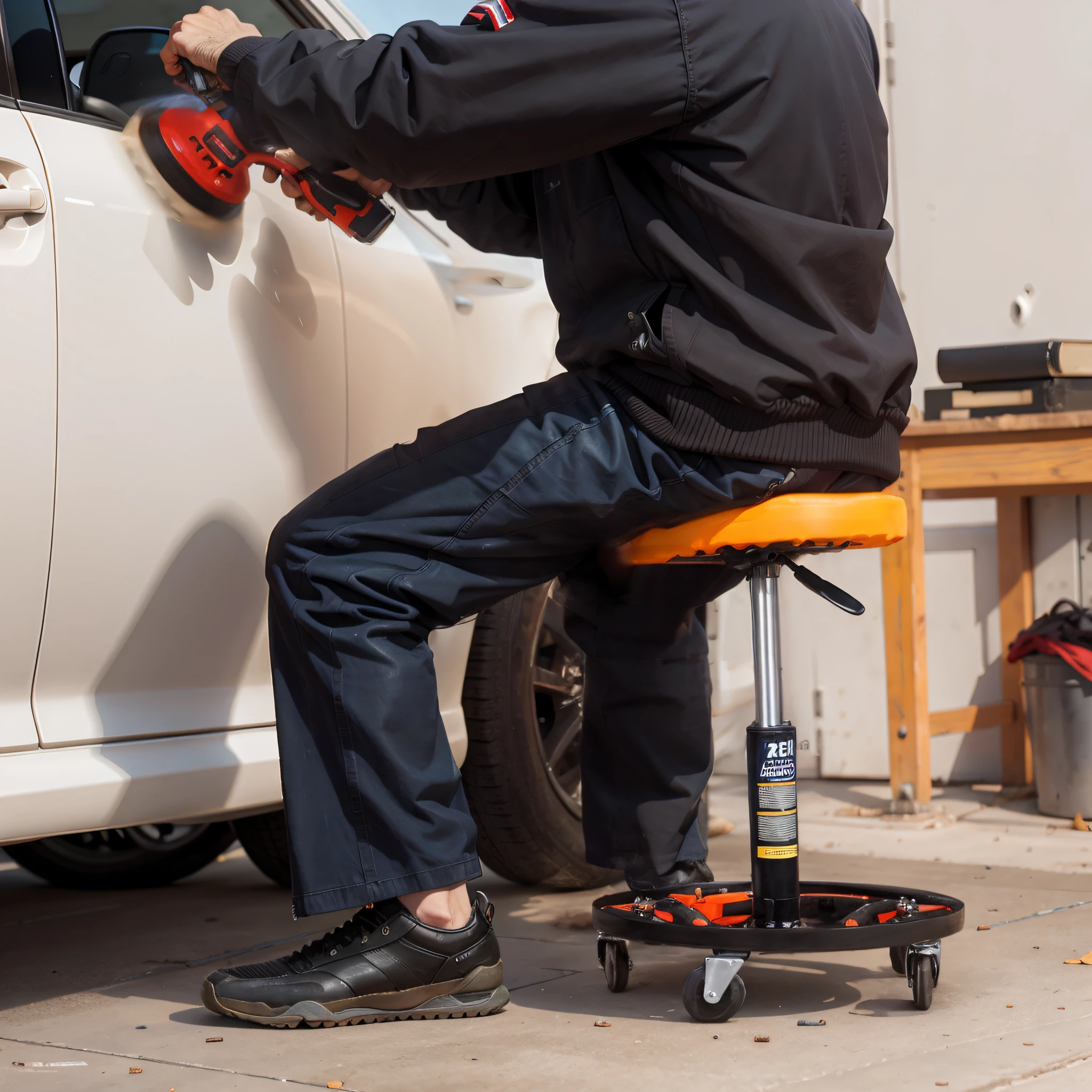 Arafeld man sitting on a stool in front of the car, Self-restraint, professional, car commercial photograph, detail processing, commercial photograph, 4 0 0 mm, Professional work, A high resolution, manual, Maximum detail, very professional, foam, !!Award-winning!!, Mechanic, 3 0 0 mm, 300mm, Expert artist, bottom angles, detalhe poderoso