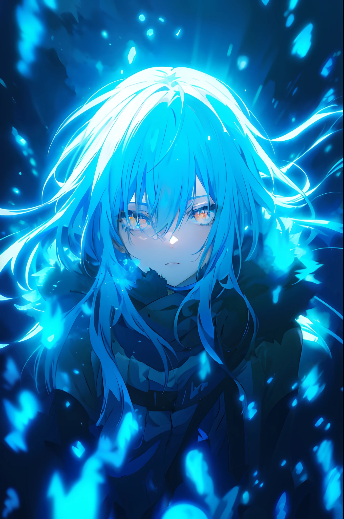 anime girl with blue hair and blue eyes in a dark room, anime moe artstyle, rimuru tempest, ufotable art style, reincarnated as a slime, badass anime 8 k, anime style 4 k, full face shot of rimuru tempest, an anime portrait of cirno, beautiful!!!, !!beautiful!!, glowing blue
