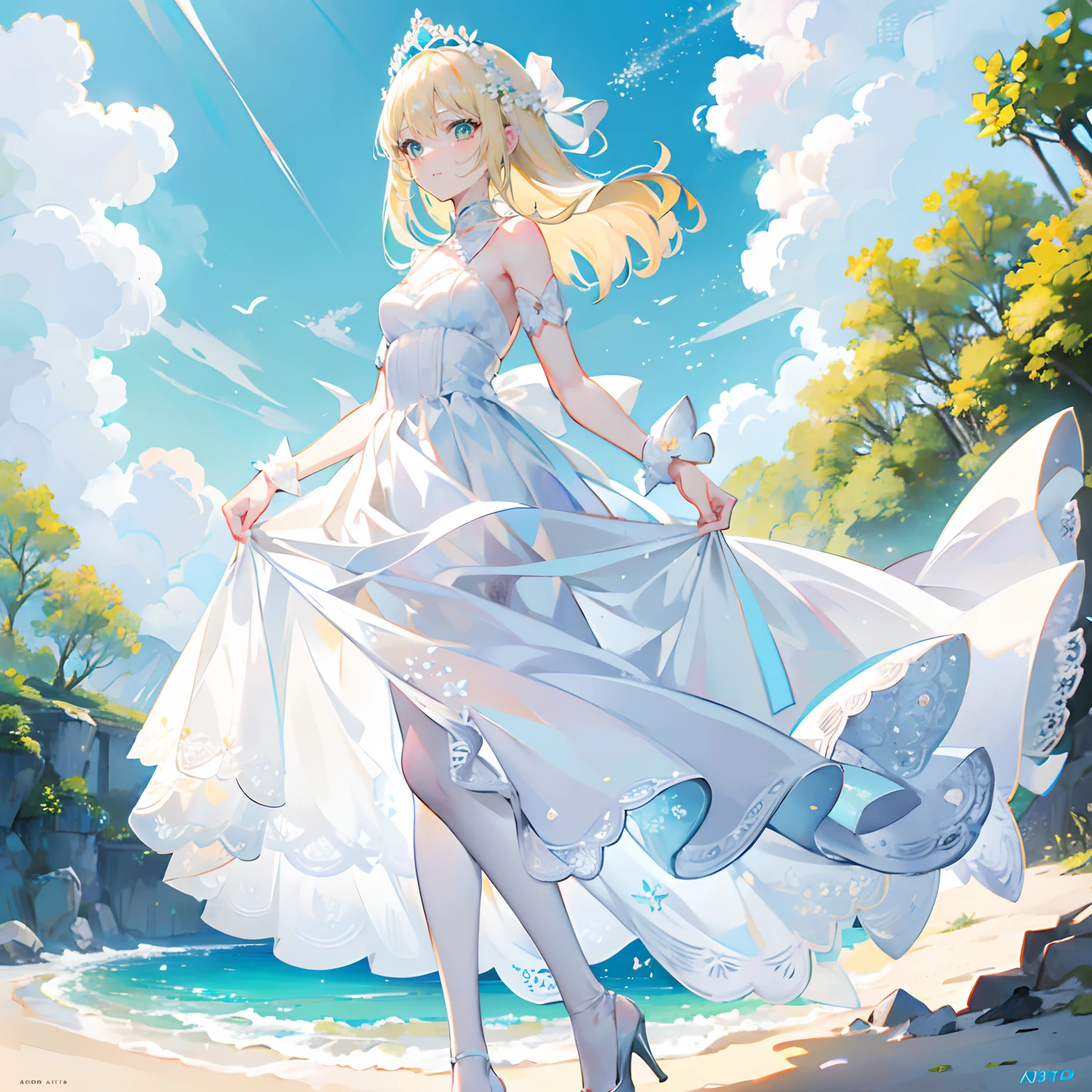 Blonde hair,Green eyes,long whitr hair,Princess cut hairstyle,A ball head,adolable,teens girl,White gorgeous beautiful dress,White silk pantyhose,High heels on the feet,fully body photo,All body,Fingers and arms are not exposed,Background sandy beach,with blue sky and white clouds,Flowers and bushes,Happy expression