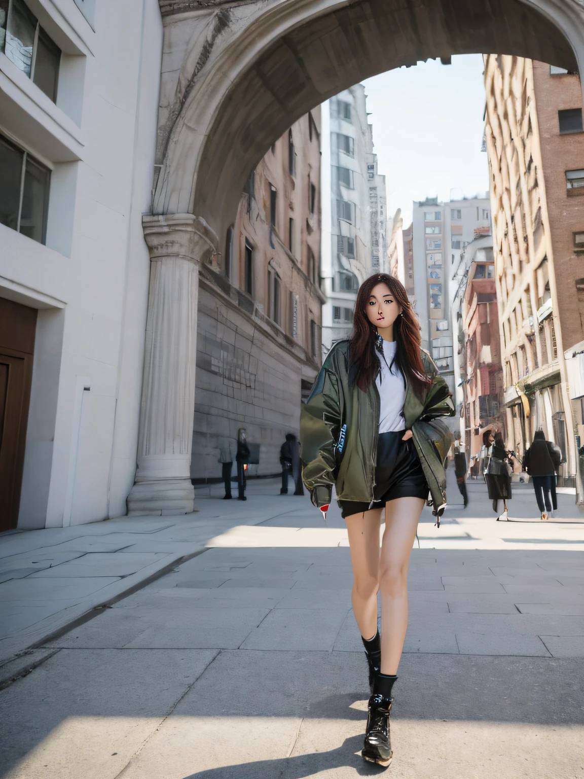 ((Need, 8K, tmasterpiece:1.3)), full bodyesbian, Long legs, Focalors:1.2, perfect figure beautiful woman:1.4, in the style of futuristic，Urban functional style clothing，Heavy cotton jacket，Standing in front of the ruins of the building，face expressionless
