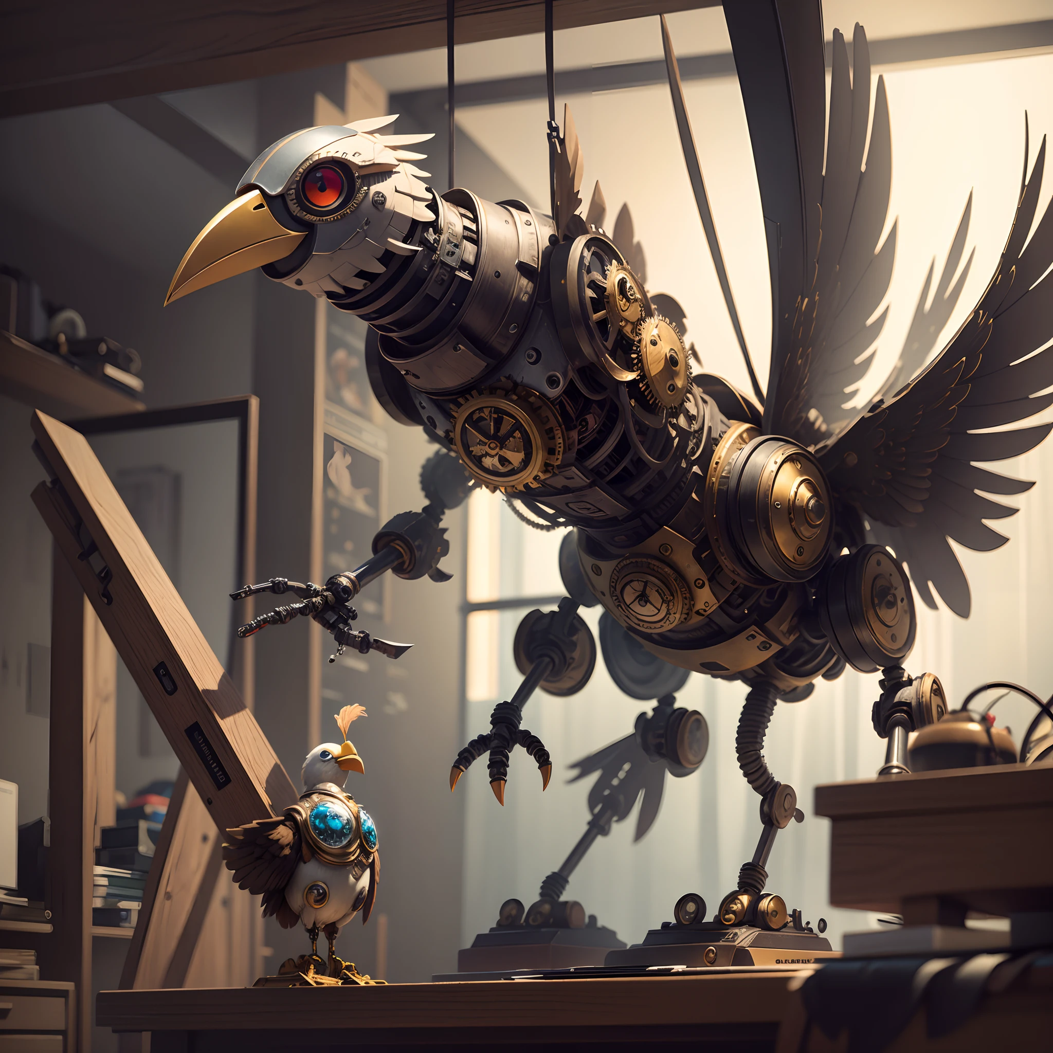 (masterpiece, best quality), best resolution, clockwork bird robot, on a desk, in progress, under construction