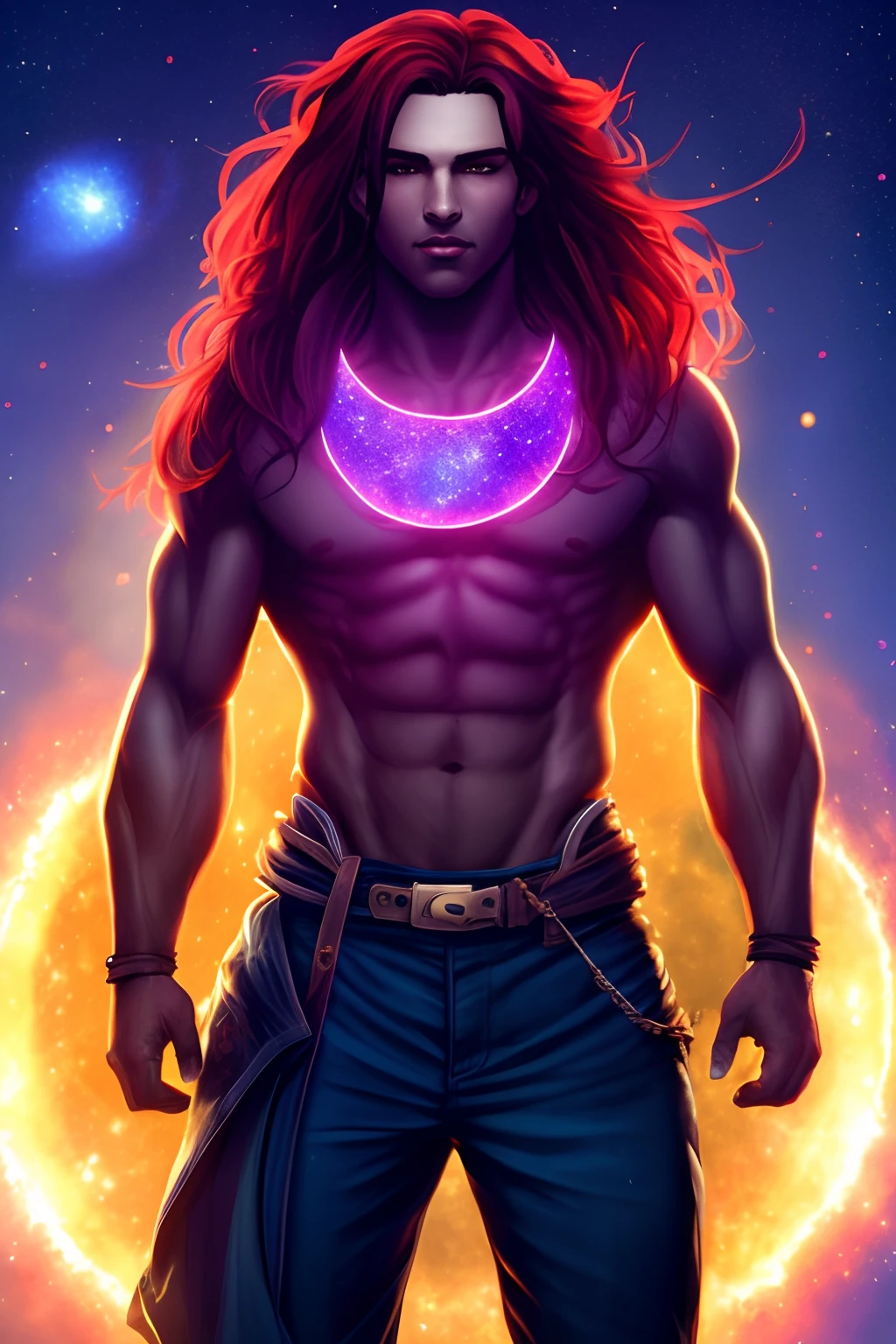 Male Genasi with dark purple skin, black eyes, long red hair, big hole in stomach with galaxy in it