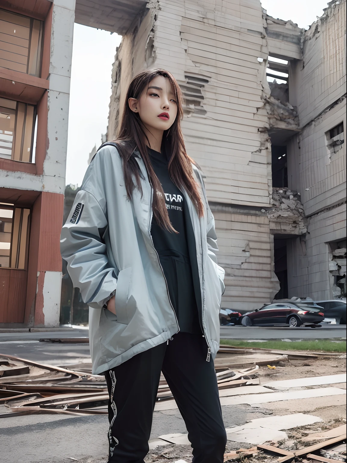 ((Need, 8K, tmasterpiece:1.3)), full bodyesbian, Long legs, Focalors:1.2, perfect figure beautiful woman:1.4, in the style of futuristic,Urban functional style clothing,Heavy cotton jacket,Standing in front of the ruins of the building,face expressionless