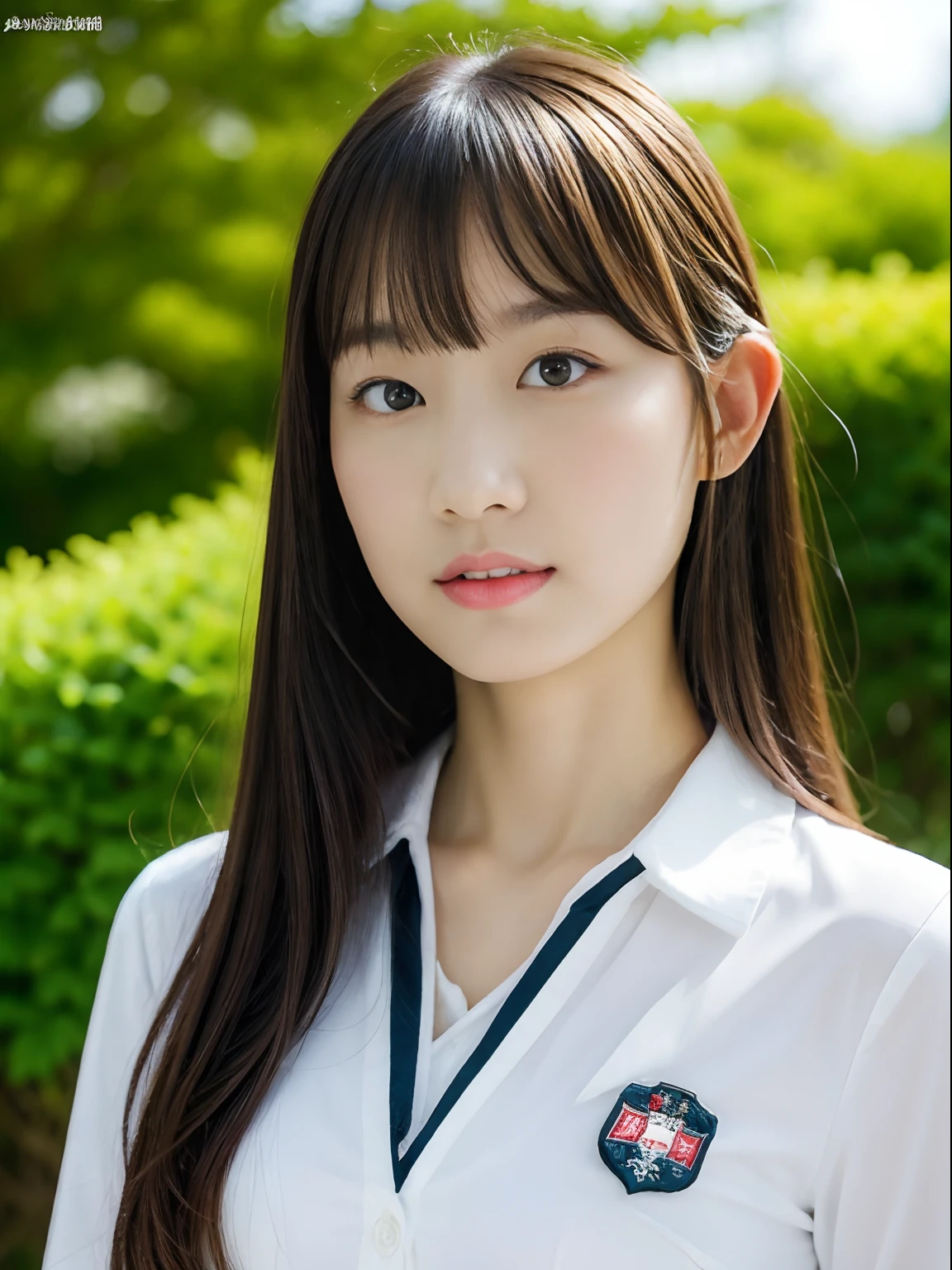 Japan school uniform, a closeup, wide angles, low angles, peitos fartos, Brown hair, looking at the viewers, portlate, hi-school girl,  Posing Black Eye, Red_Lips, 
unparalleled masterpiece ever, Ultra realistic 8K CG, Clean and beautiful face, Glossy skin, Skindentation, top-quality, 超A high resolution, Photorealsitic, pineapple