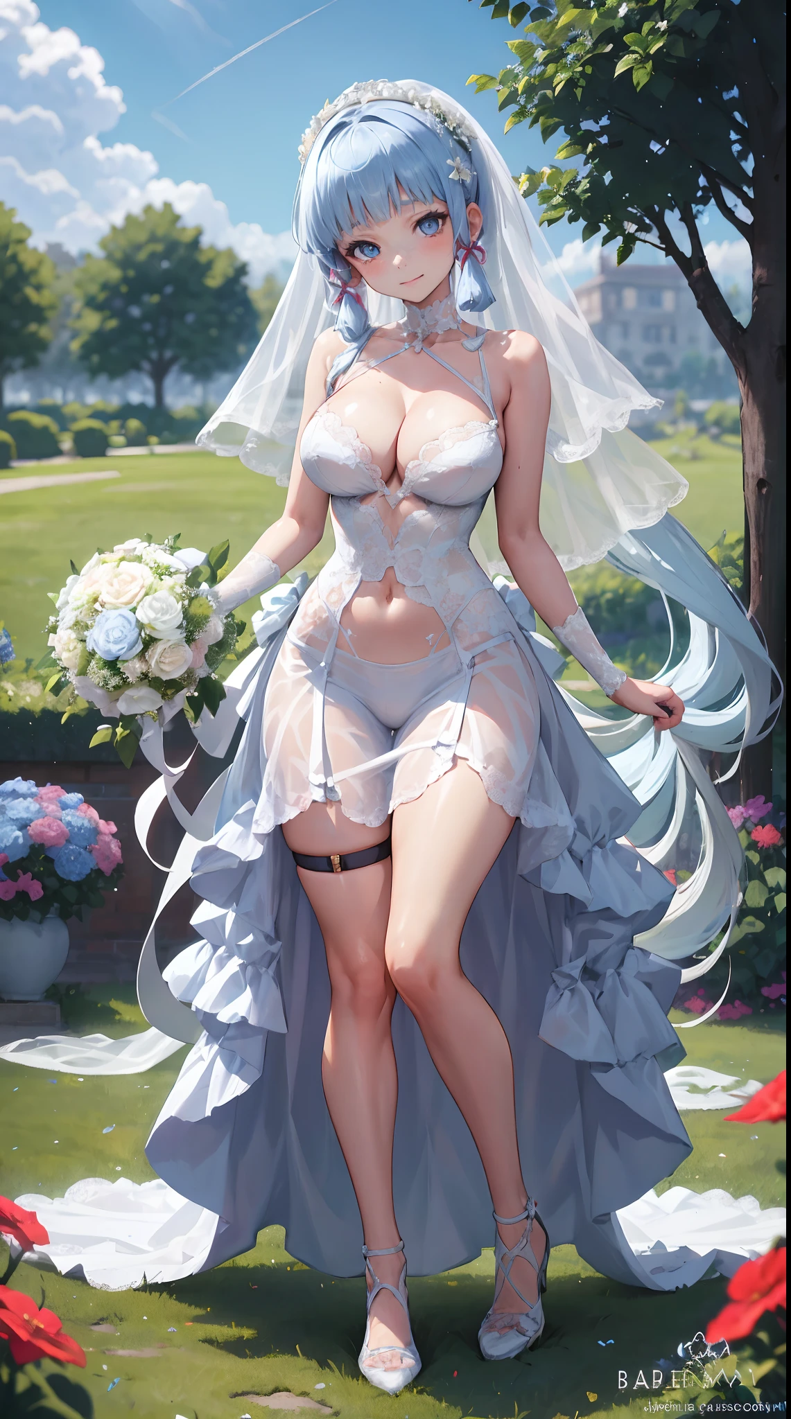 kamisato ayaka| genshin impact, master-piece, bestquality, 1girls,25 years old, proportional body, proportional., Wedding Dresses, White Wedding Dress, Long skirt, wedding, mediuml breasts, ,bara, Standing in the middle of a flower garden, outdoor, wedding, The sky is beautiful, Both hands hold a bouquet of flowers............................................, View viewers from the front., Thigh strap, Head tilt, bored, 10, 10, HD, slight smile,