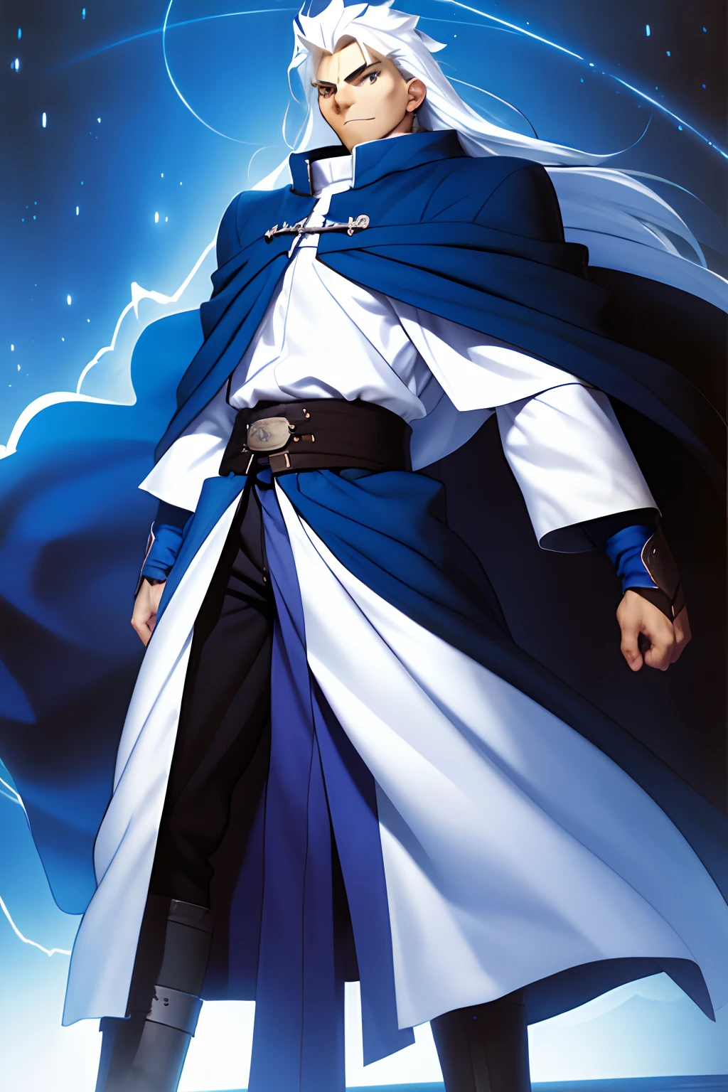 A 20-year-old man, white, with long blue hair, no beard, wears a blue cloak with black details, shows wisdom and calm, medieval, anime