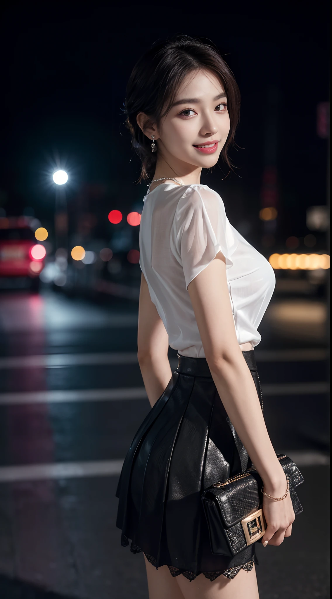 8k, masterpiece, RAW photo, best quality, photorealistic, extremely detailed CG unity 8k wallpaper, Depth of field, Cinematic Light, Lens Flare, Ray tracing, (extremely beautiful face, beautiful lips, beautiful eyes), intricate detail face, ((ultra detailed skin)) 1girl, in the dark, deep shadow, pretty korean girl, kpop idol,(very slim slender fit-muscled body:1.3), ((looking at viewer)),(big smile:1.3), (night, (neon sign), (blurry background), midnight, (without people in the background:1.3), pretty korean girl, white diamond earrings, bracelets, necklace, clear eyes, walking , front shot, (pale skin), face forward, (big eyes), full body shot, ((see through blouse)), (hot pink color blouse)), ((laced skirt)), (looking at viewer:1.3), very slim, medium breasts, Hermes bag, mini skirt, updo hair, short hair, turning back, (back shot), medium butts
