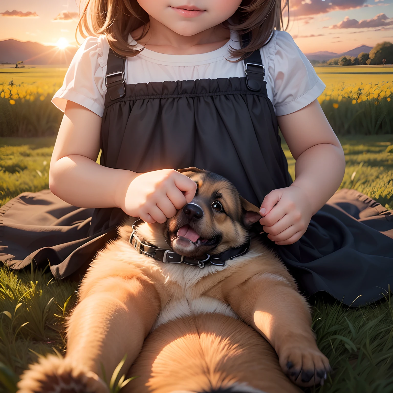 A 5 year old baby girl playing with a German shepherd puppy, partly cloudy, sunset, master shot-- aspect 16:9 --seed 924