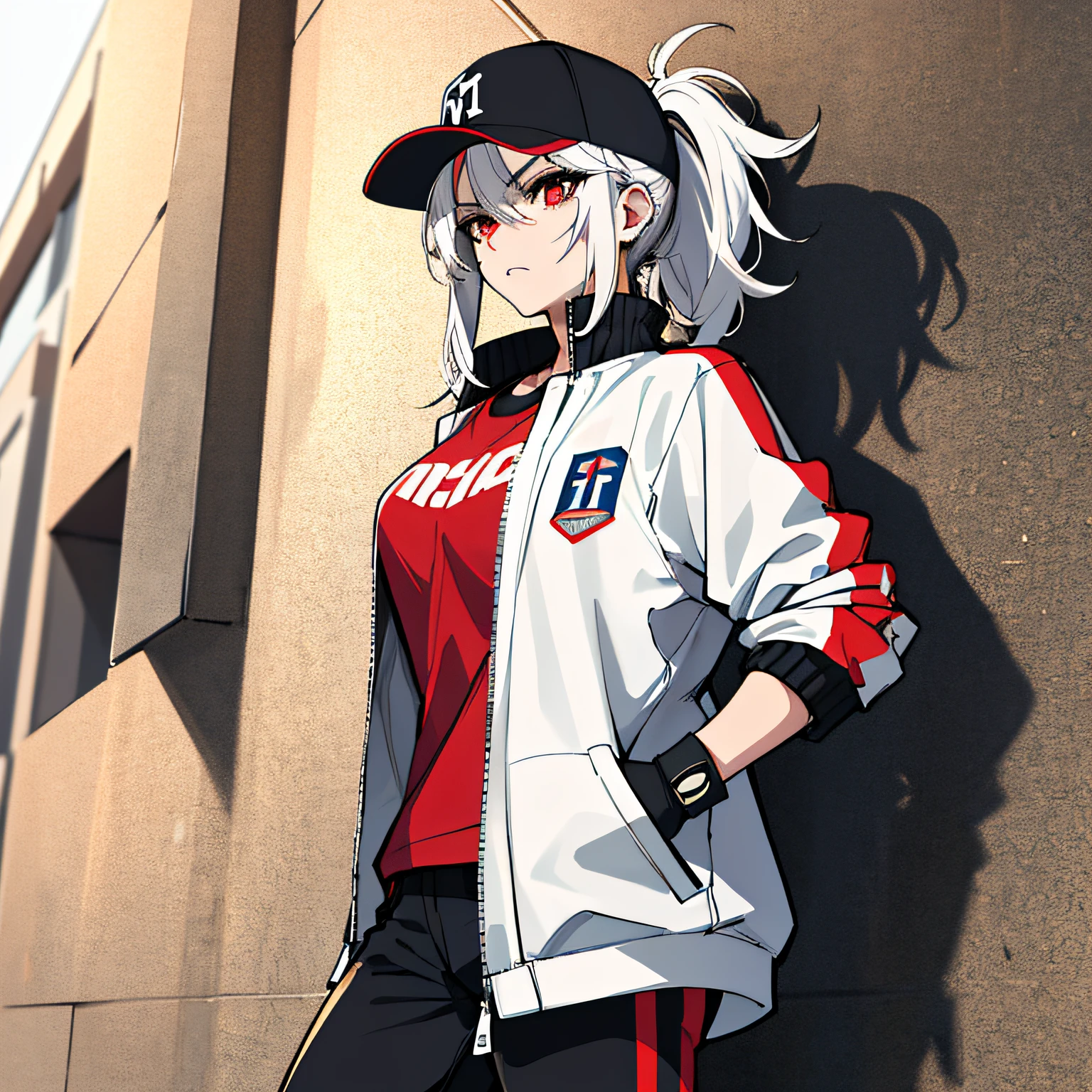 (absurdres, 8k, 4k, masterpiece, hyper extreme detailed:1.2), solo, 1girl, portrait, best quality, expressive eyes, perfect face, 1girl, portrait, solo, Female, mature female, adult, messy hair, white hair, medium bust, swept bangs, side bangs, messy hair, medium hair, perfect ???????, soldier, angry, annoyed, red eyes, looking forward, forward view, perfect eyes, scars, gloves, red graphic t-shirt, baseball cap, half body, perfect ???????, athletic shoes, bedroom background, leaning against wall, white jacket, open jacket, ponytail, adult, mature woman, standing, leaning back, hands in jacket pockets, perfect face, cowboyshot